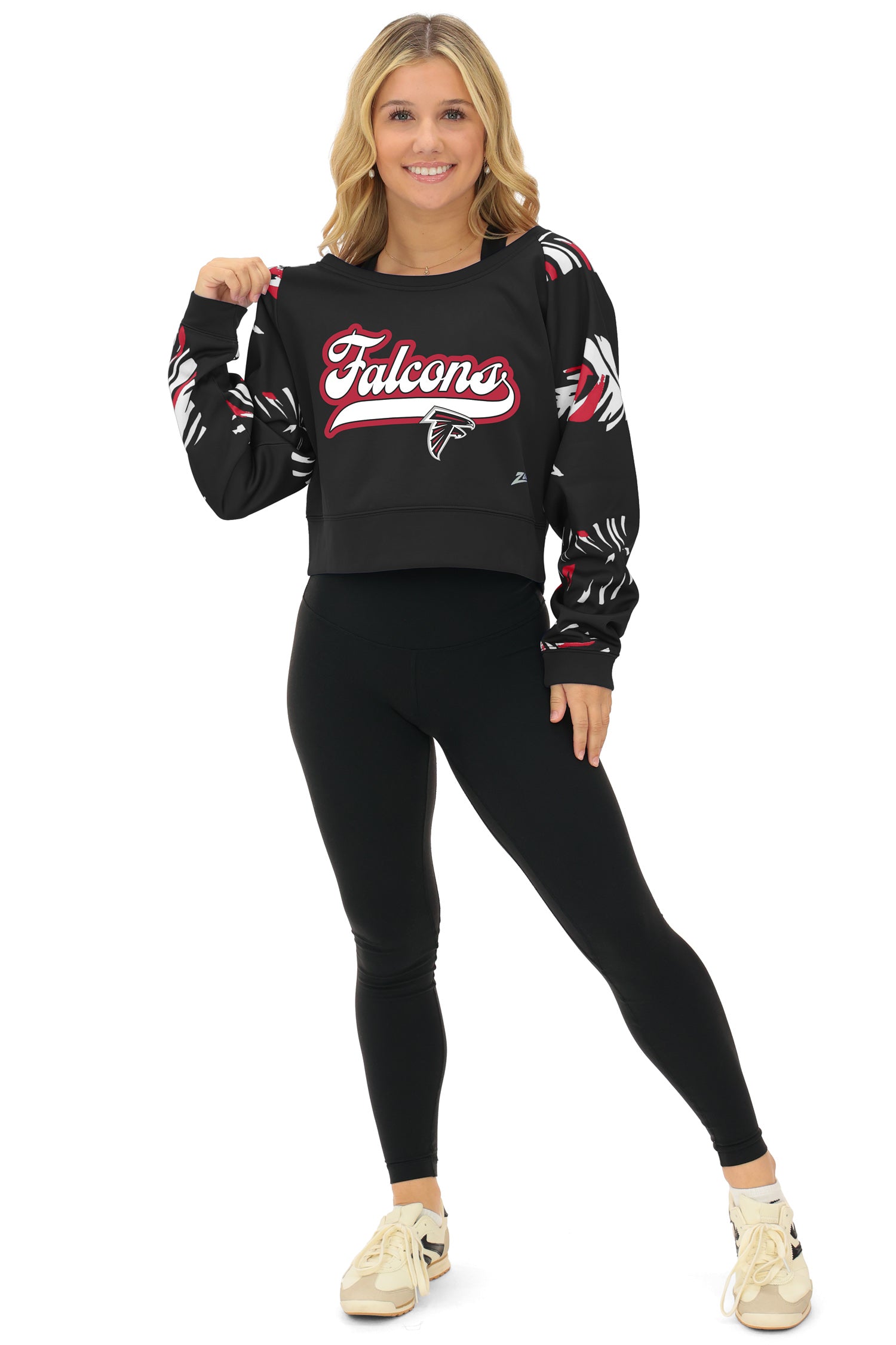 Zubaz NFL  Women's Script 3 Color Leaf Boatneck Raglan Crew, ATLANTA FALCONS