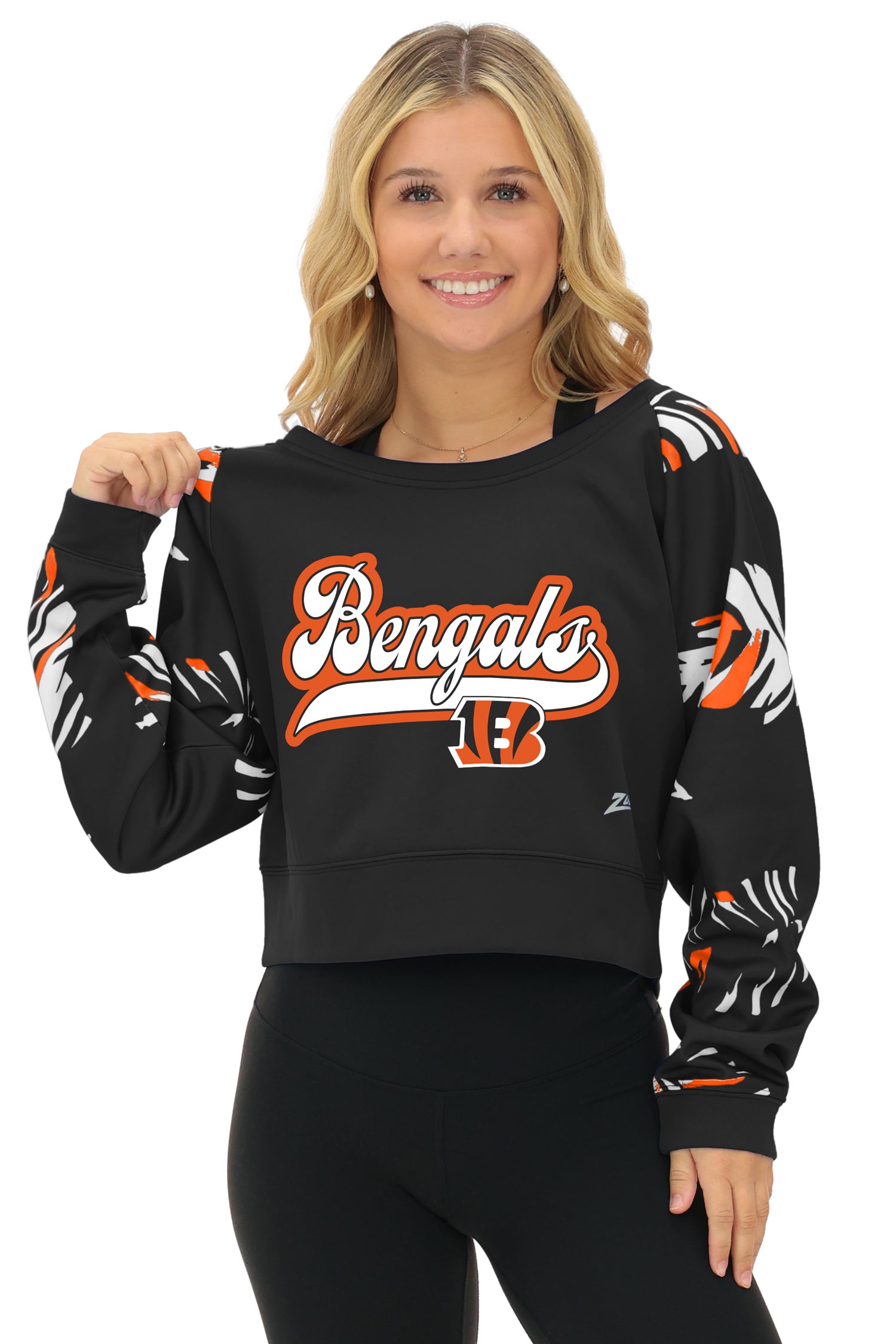 Zubaz NFL   Women's Script 3 Color Leaf Boatneck Raglan Crew, CINCINNATI BENGALS