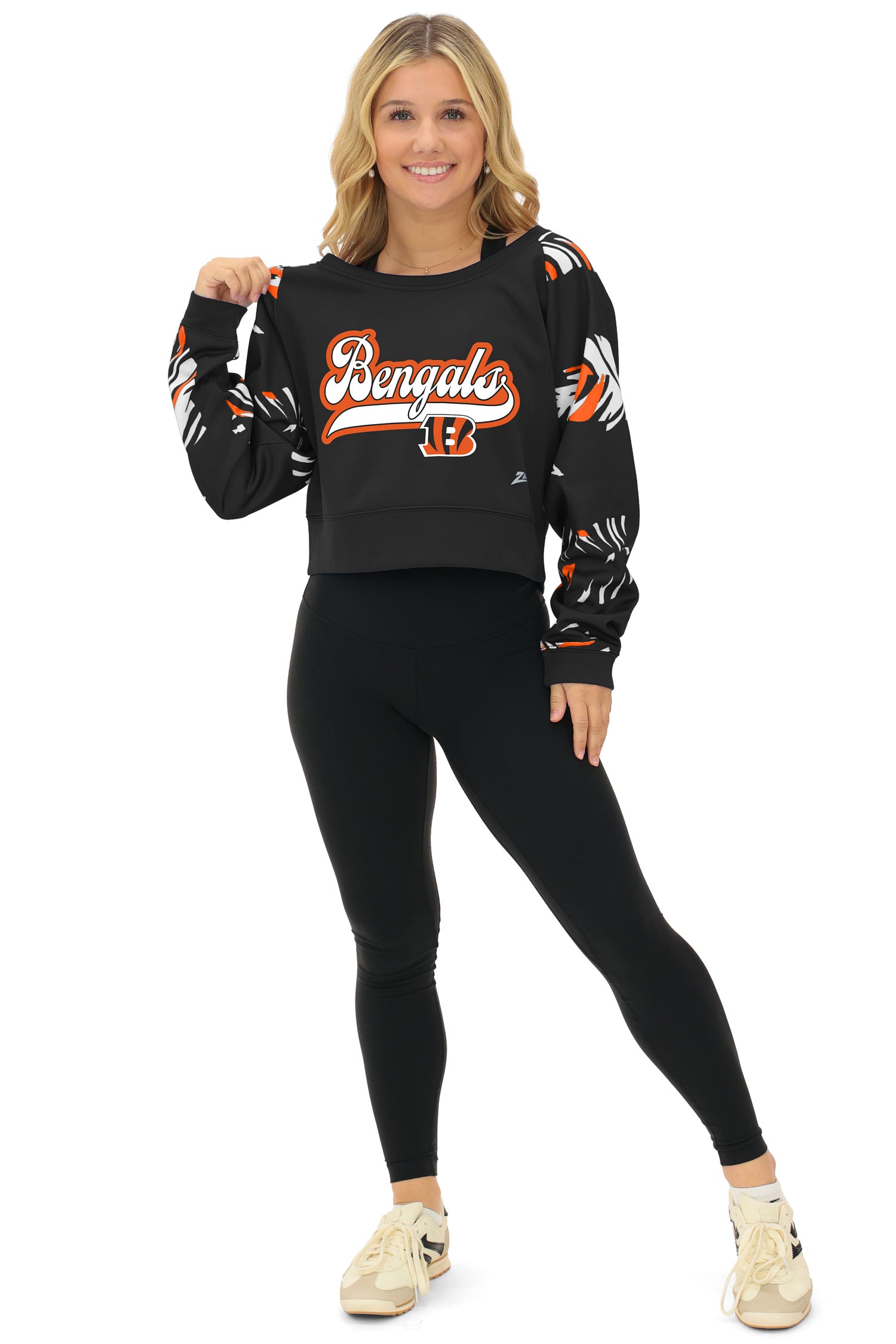 Zubaz NFL   Women's Script 3 Color Leaf Boatneck Raglan Crew, CINCINNATI BENGALS