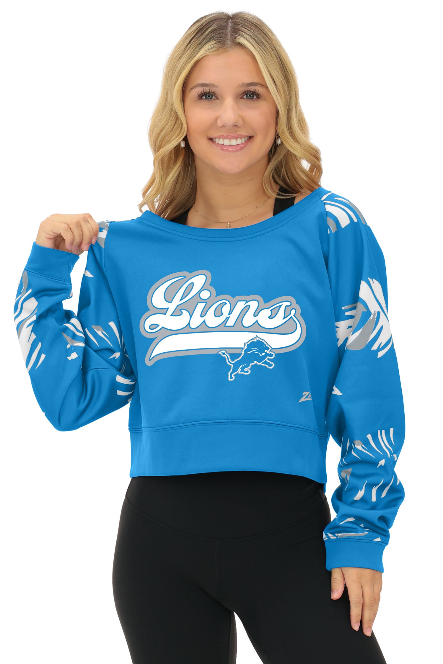 Zubaz NFL   Women's Script 3 Color Leaf Boatneck Raglan Crew, DETROIT LIONS