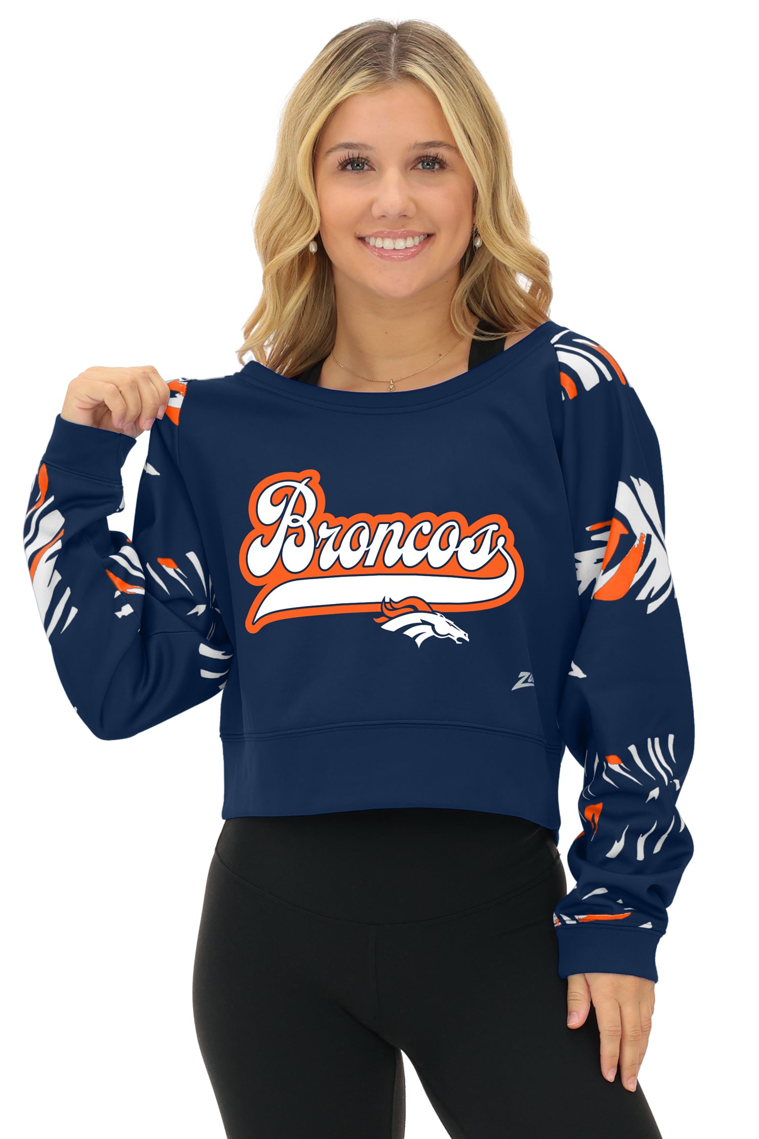 Zubaz NFL   Women's Script 3 Color Leaf Boatneck Raglan Crew, DENVER BRONCOS