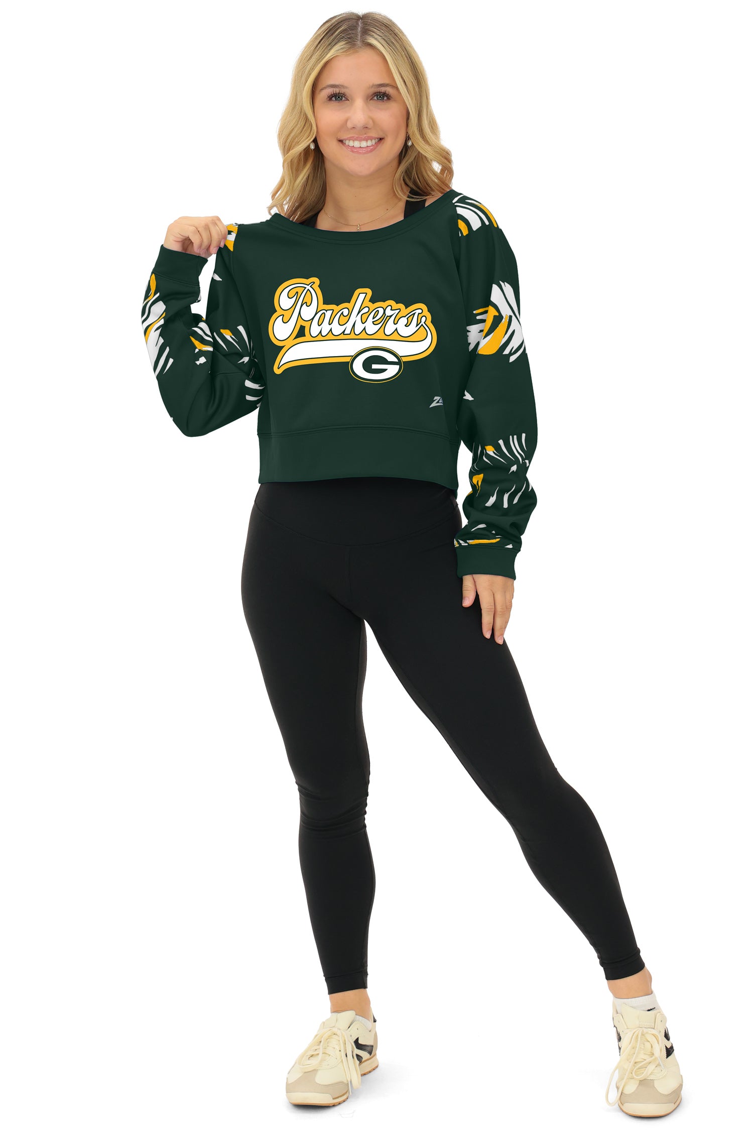 Zubaz NFL   Women's Script 3 Color Leaf Boatneck Raglan Crew, GREEN BAY PACKERS