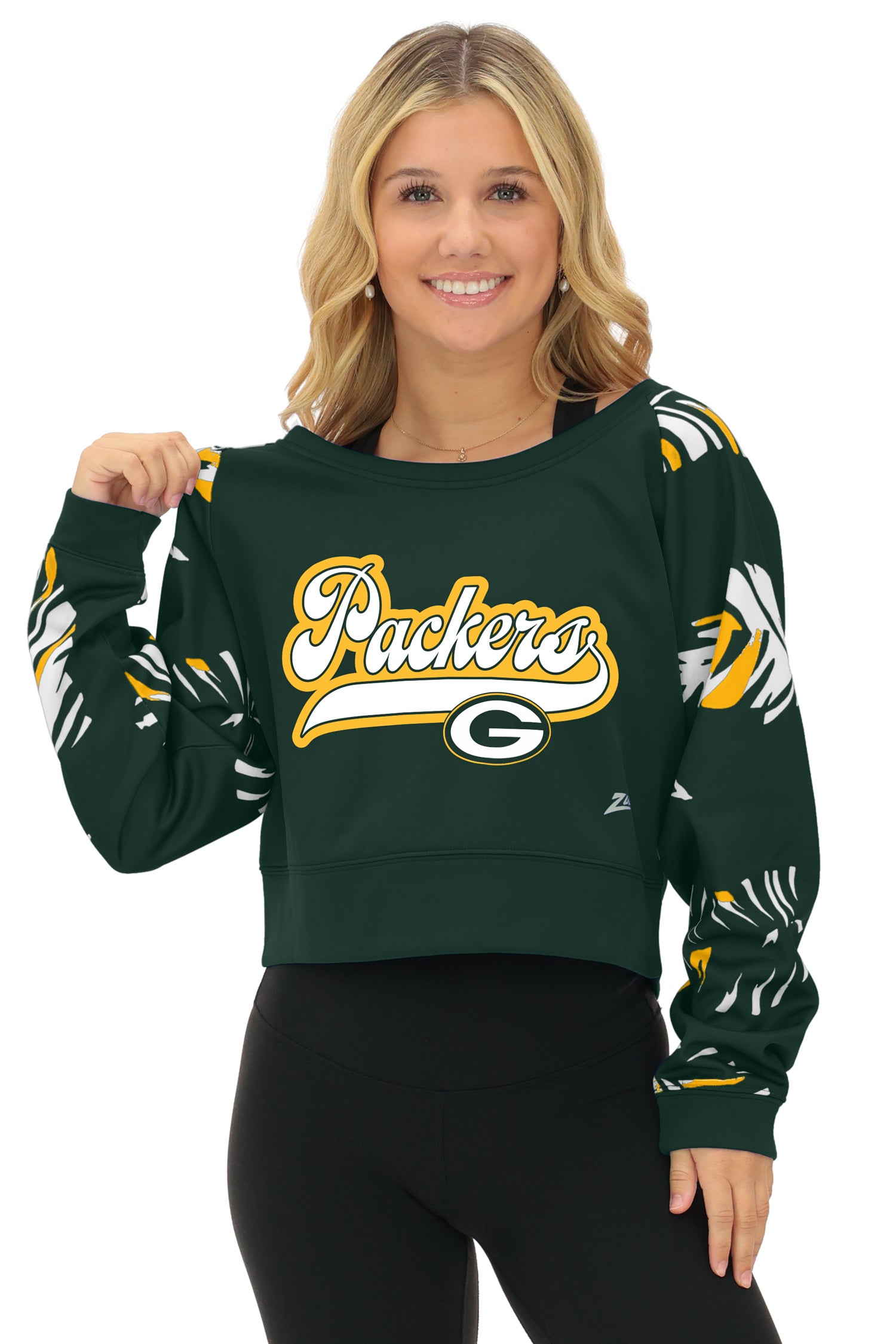 Zubaz NFL   Women's Script 3 Color Leaf Boatneck Raglan Crew, GREEN BAY PACKERS
