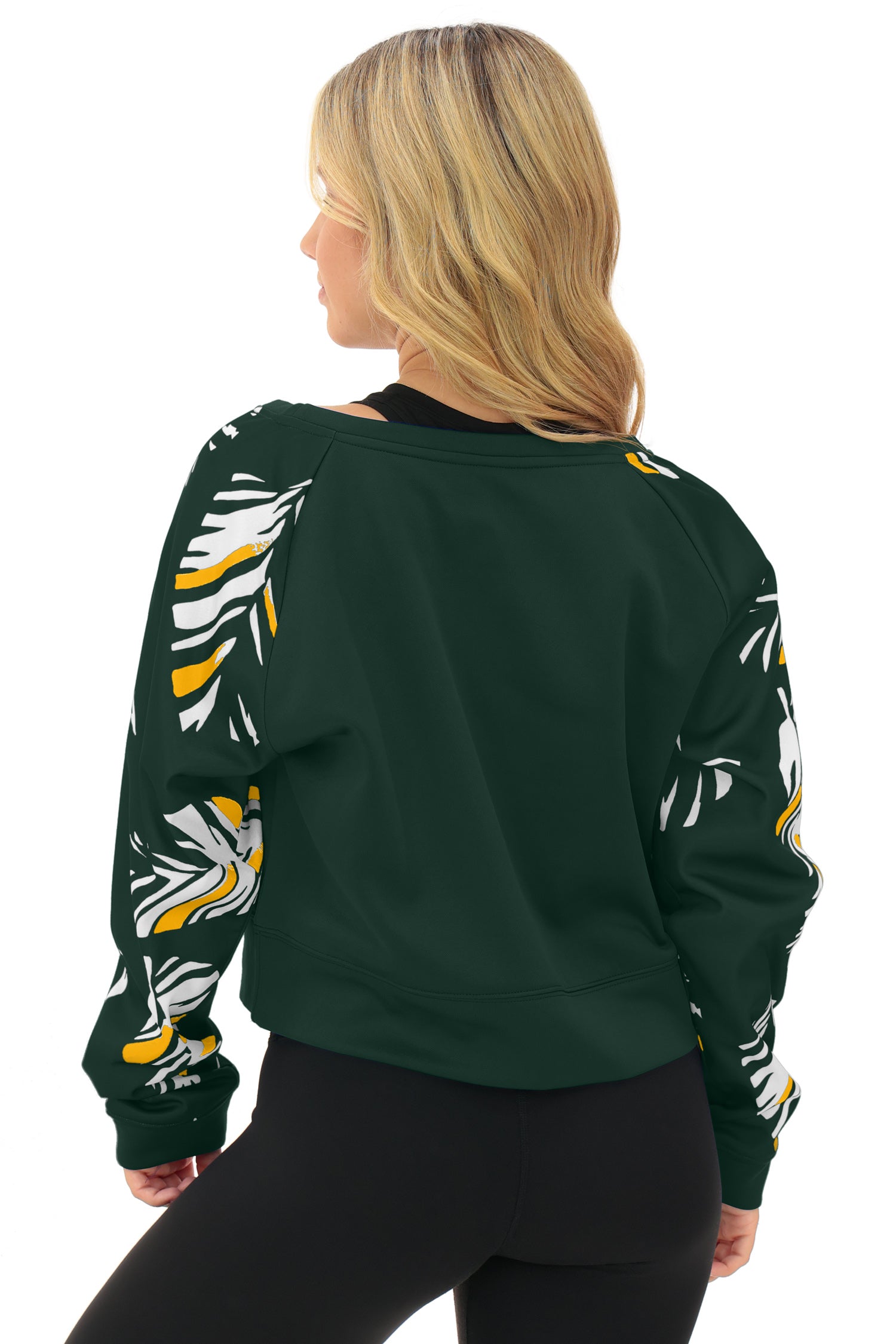 Zubaz NFL   Women's Script 3 Color Leaf Boatneck Raglan Crew, GREEN BAY PACKERS