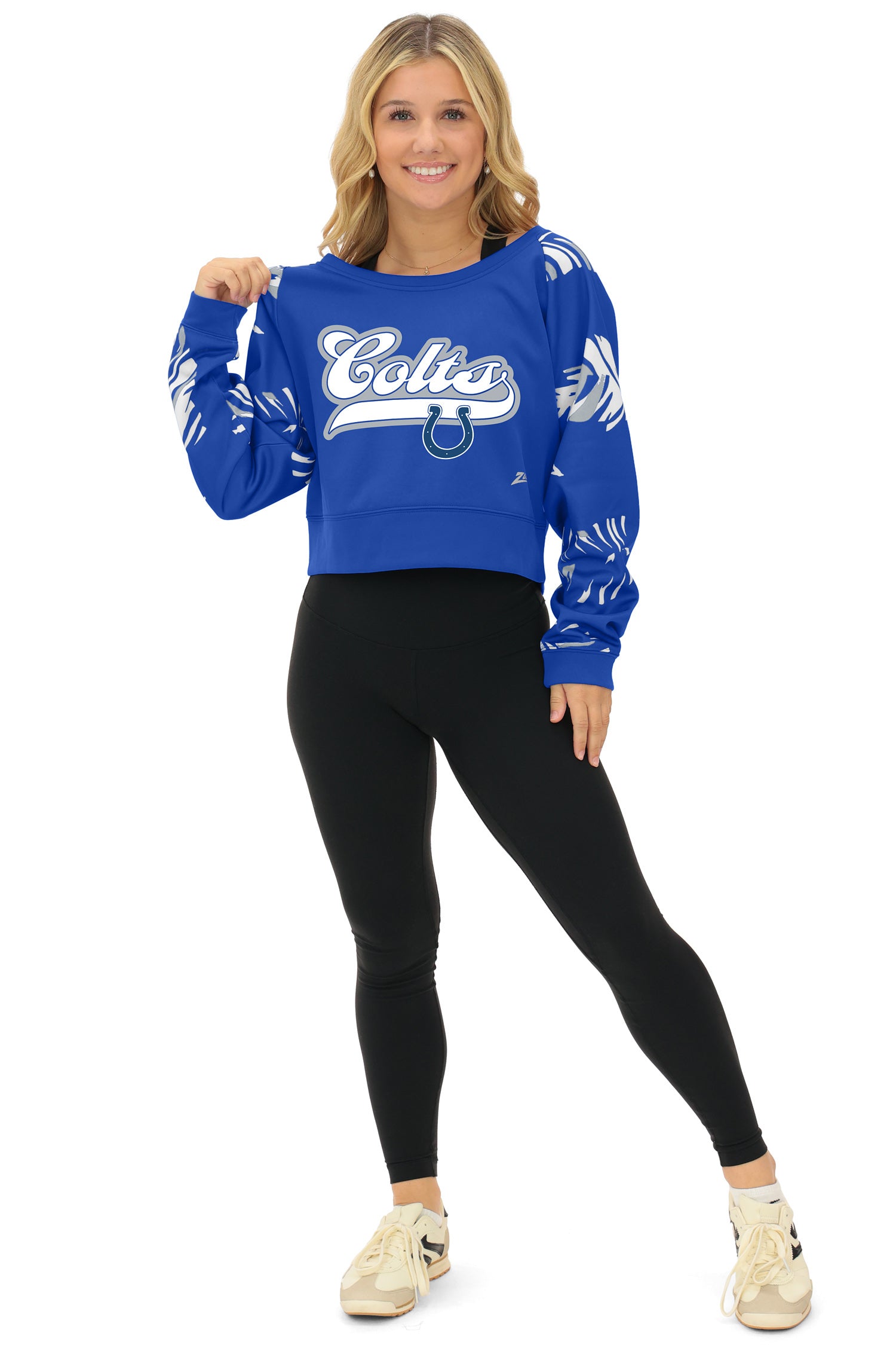 Zubaz NFL   Women's Script 3 Color Leaf Boatneck Raglan Crew, INDIANAPOLIS COLTS