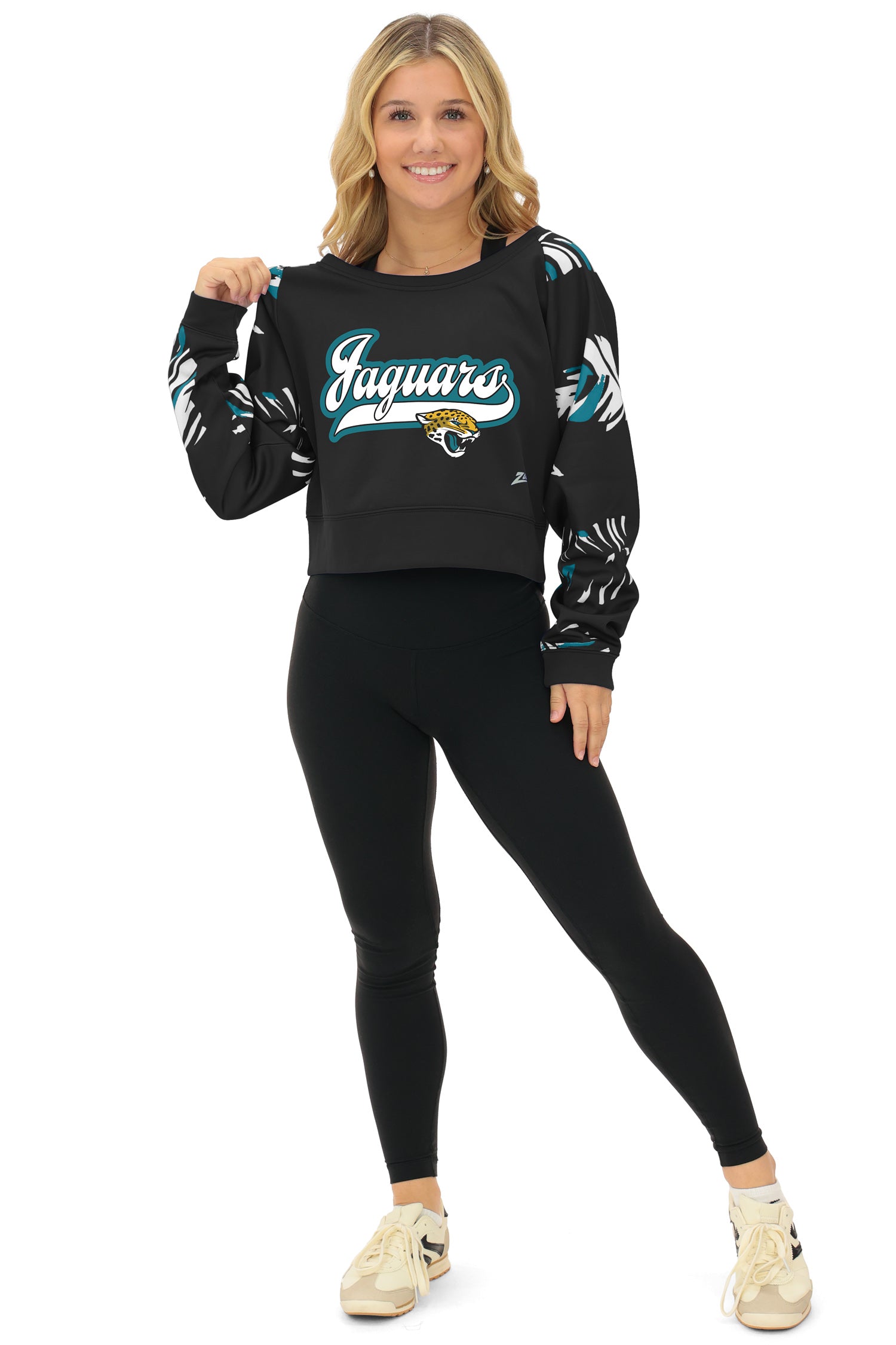 Zubaz NFL   Women's Script 3 Color Leaf Boatneck Raglan Crew, JACKSONVILLE JAGUARS