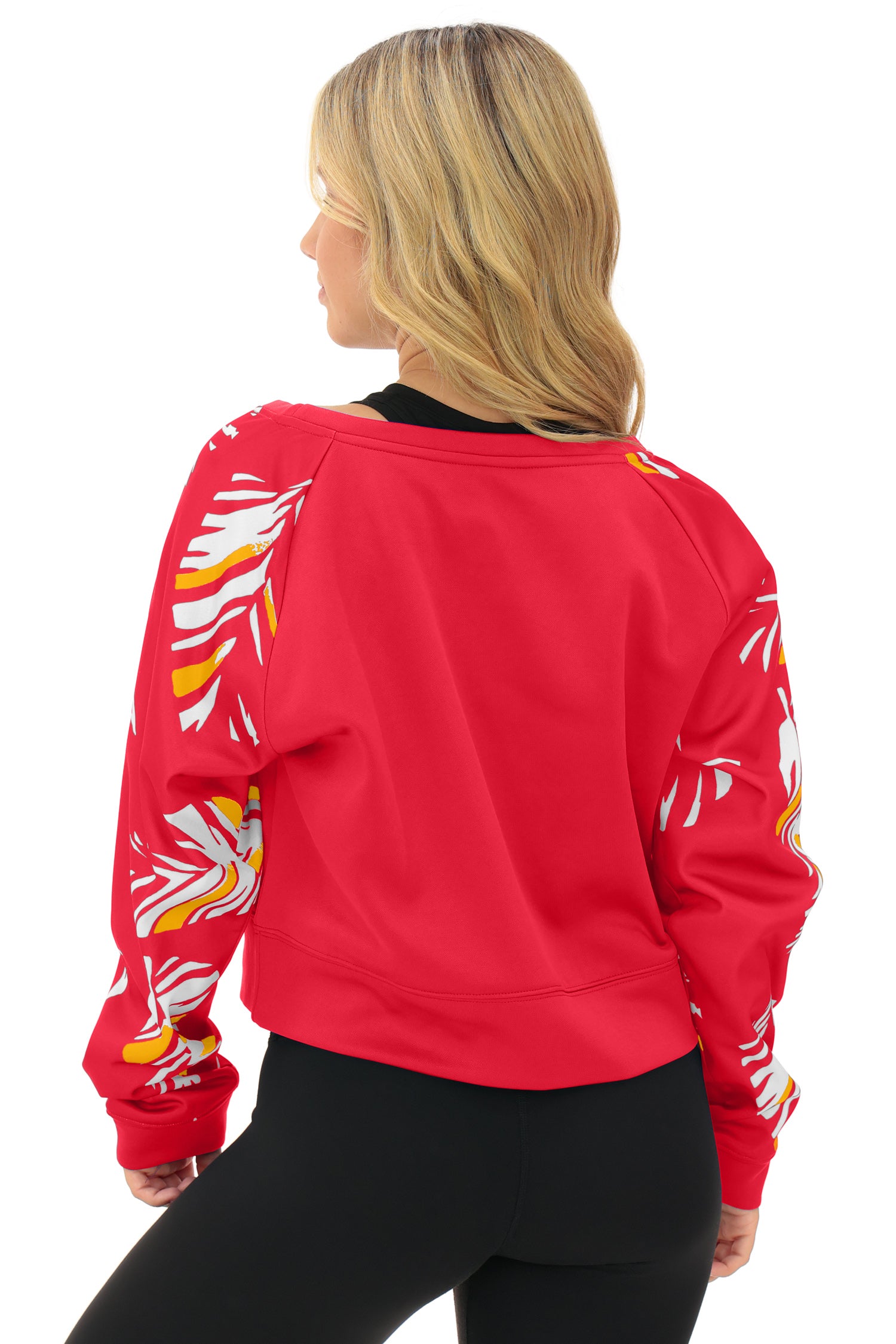 Zubaz NFL   Women's Script 3 Color Leaf Boatneck Raglan Crew, KANSAS CITY CHIEFS