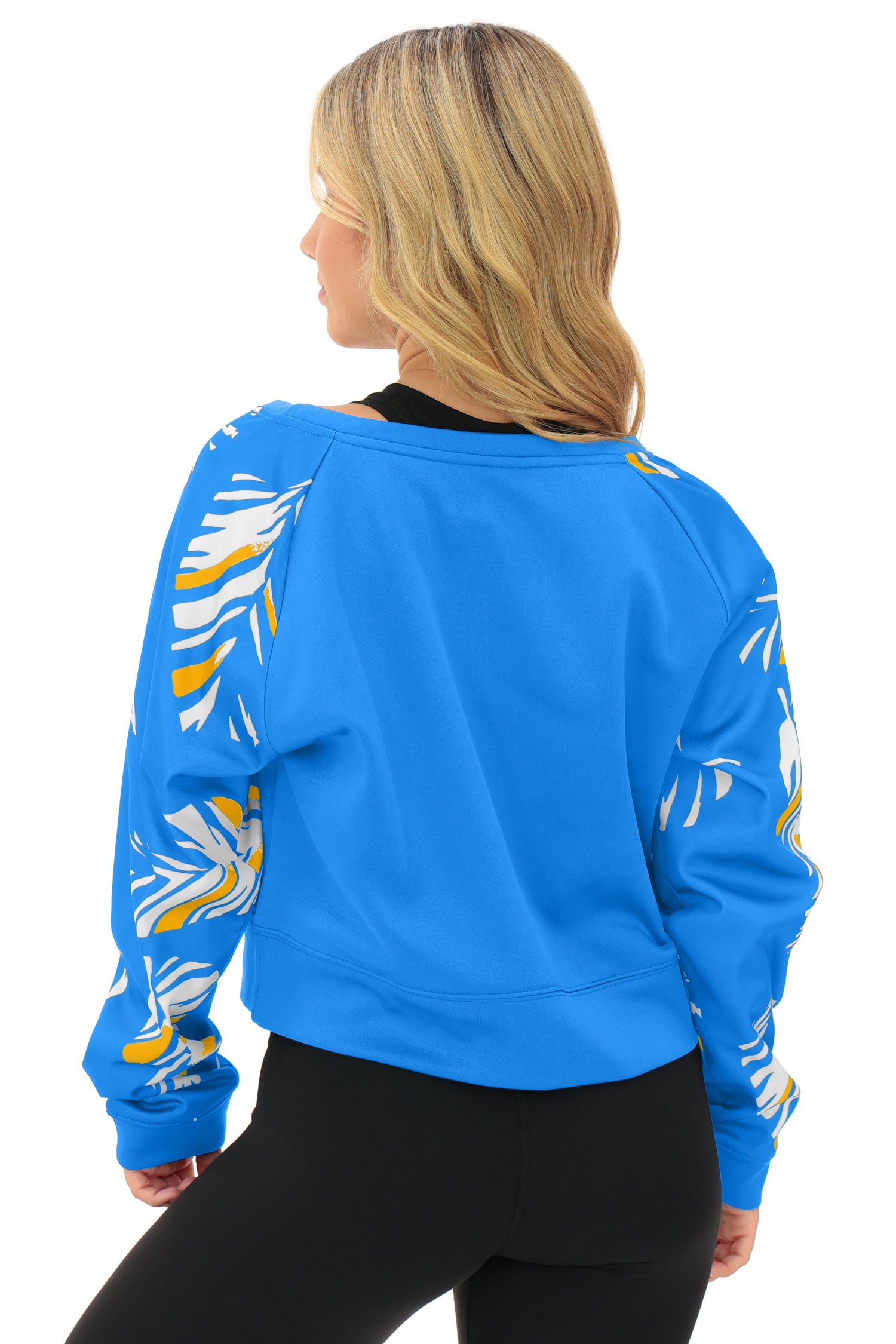 Zubaz NFL   Women's Script 3 Color Leaf Boatneck Raglan Crew, LOS ANGELES CHARGERS