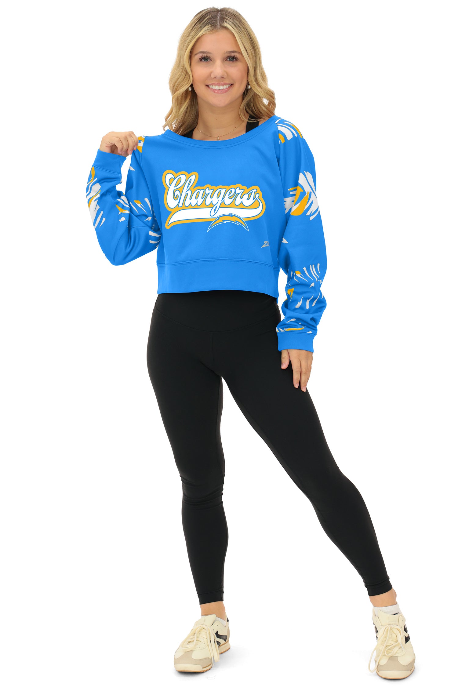 Zubaz NFL   Women's Script 3 Color Leaf Boatneck Raglan Crew, LOS ANGELES CHARGERS