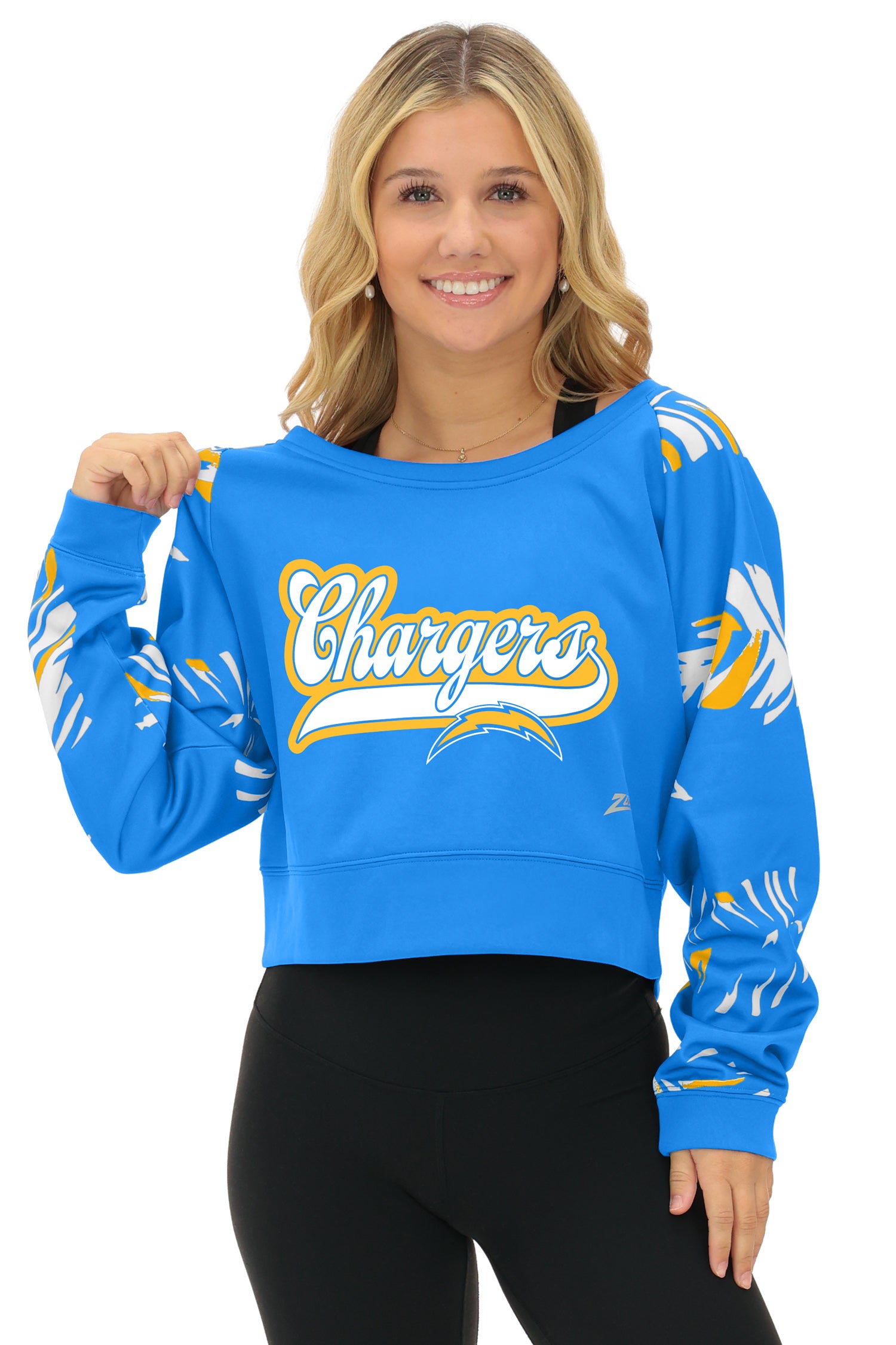 Zubaz NFL   Women's Script 3 Color Leaf Boatneck Raglan Crew, LOS ANGELES CHARGERS