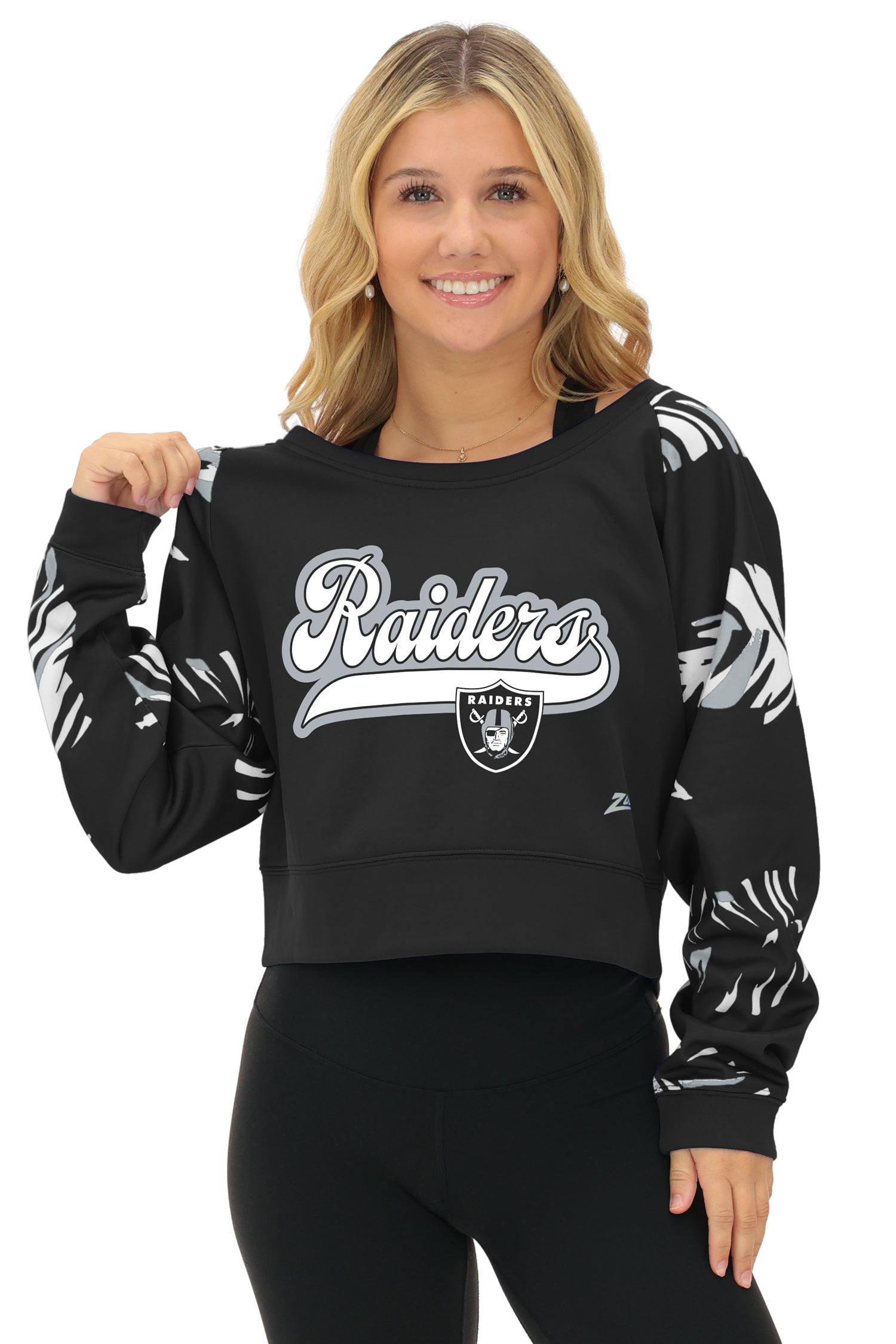 Zubaz NFL   Women's Script 3 Color Leaf Boatneck Raglan Crew, LAS VEGAS RAIDERS