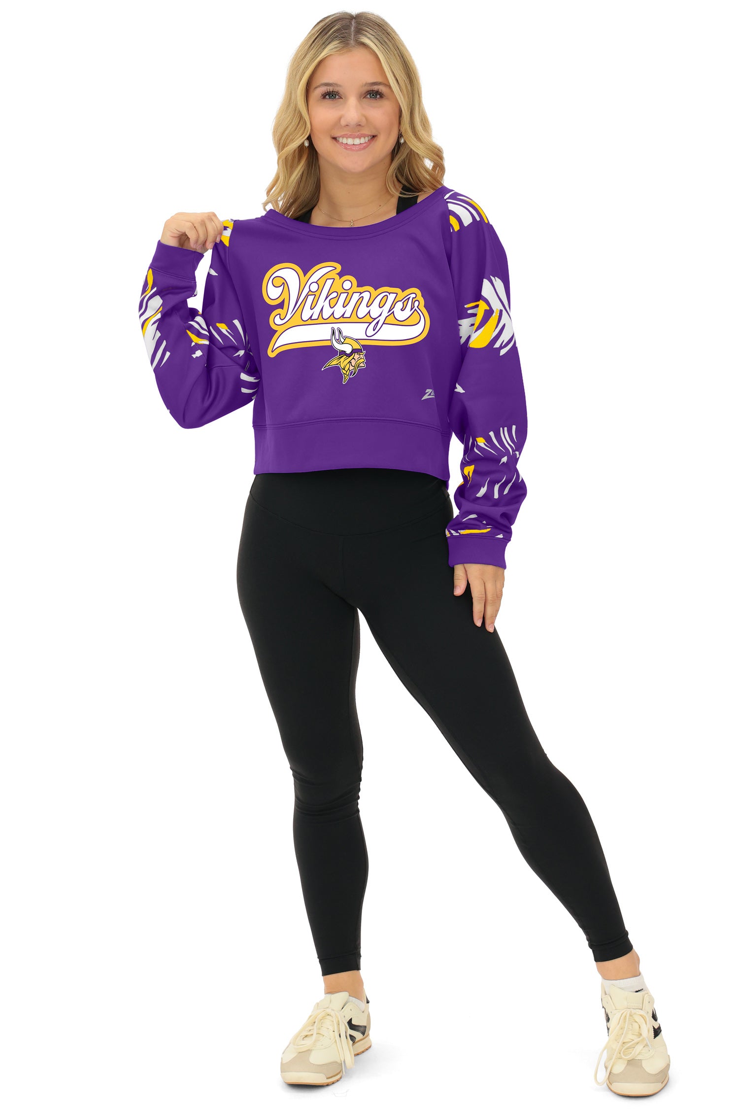 Zubaz NFL   Women's Script 3 Color Leaf Boatneck Raglan Crew, MINNESOTA VIKINGS