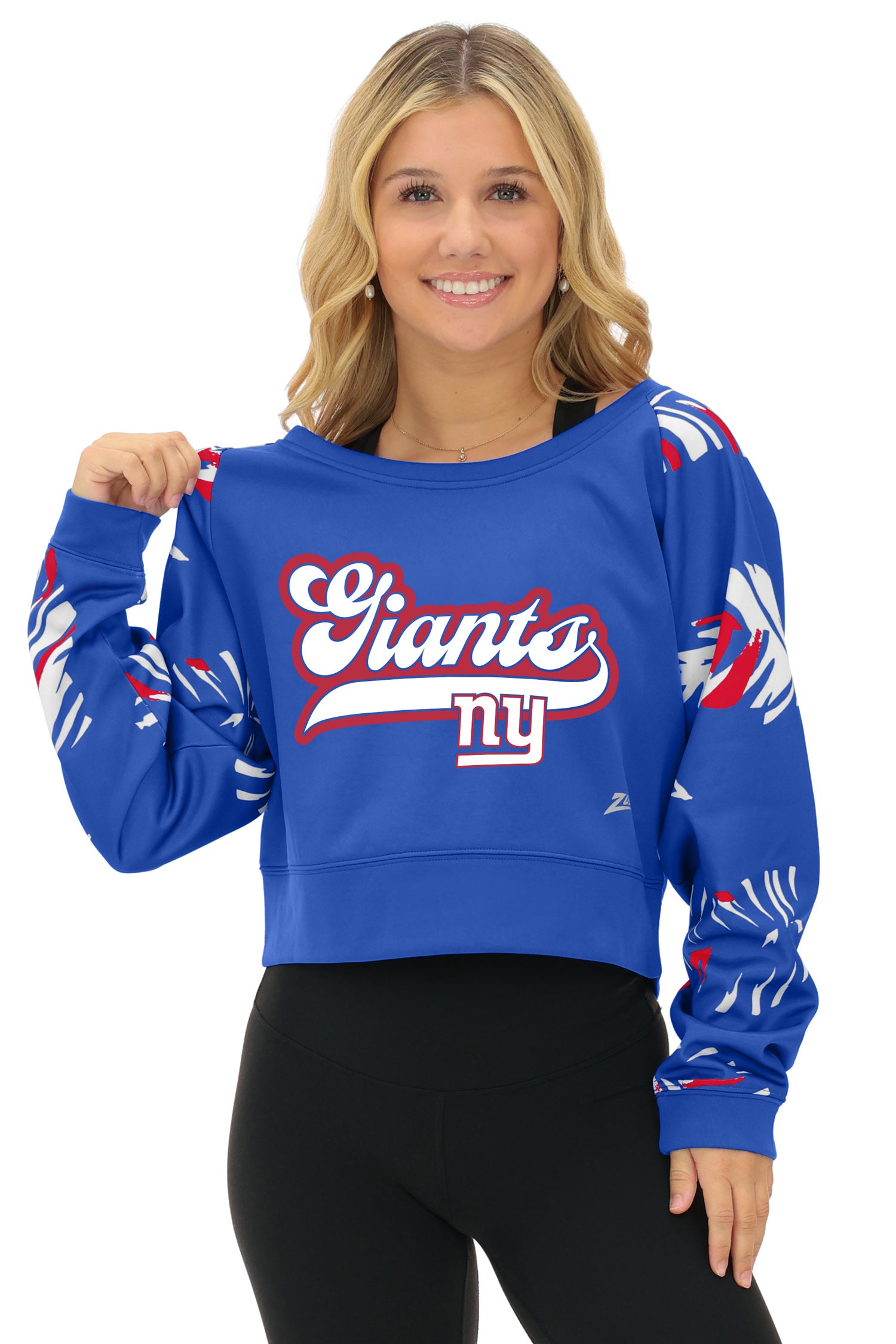 Zubaz NFL   Women's Script 3 Color Leaf Boatneck Raglan Crew, NEW YORK GIANTS