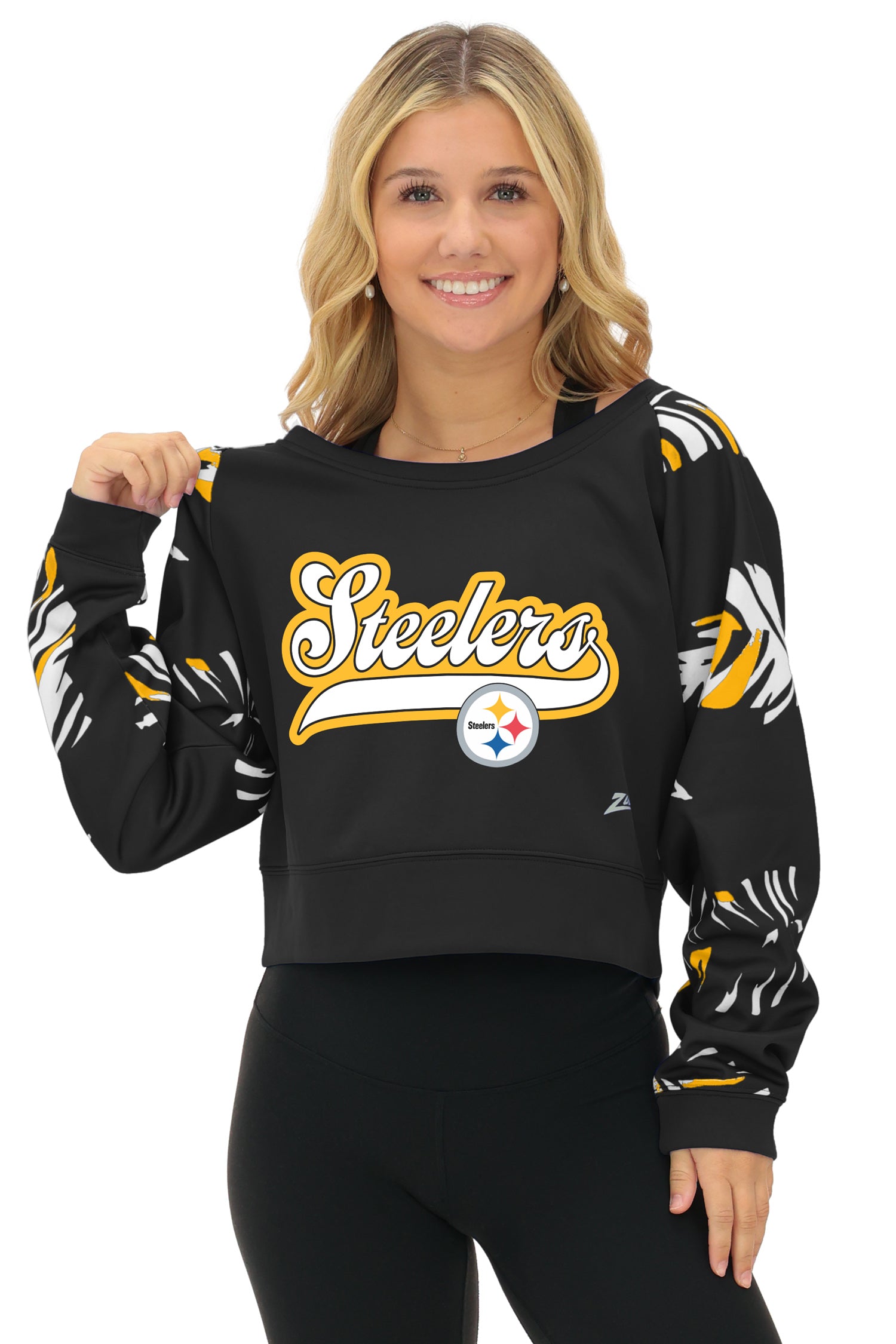 Zubaz NFL   Women's Script 3 Color Leaf Boatneck Raglan Crew, PITTSBURGH STEELERS