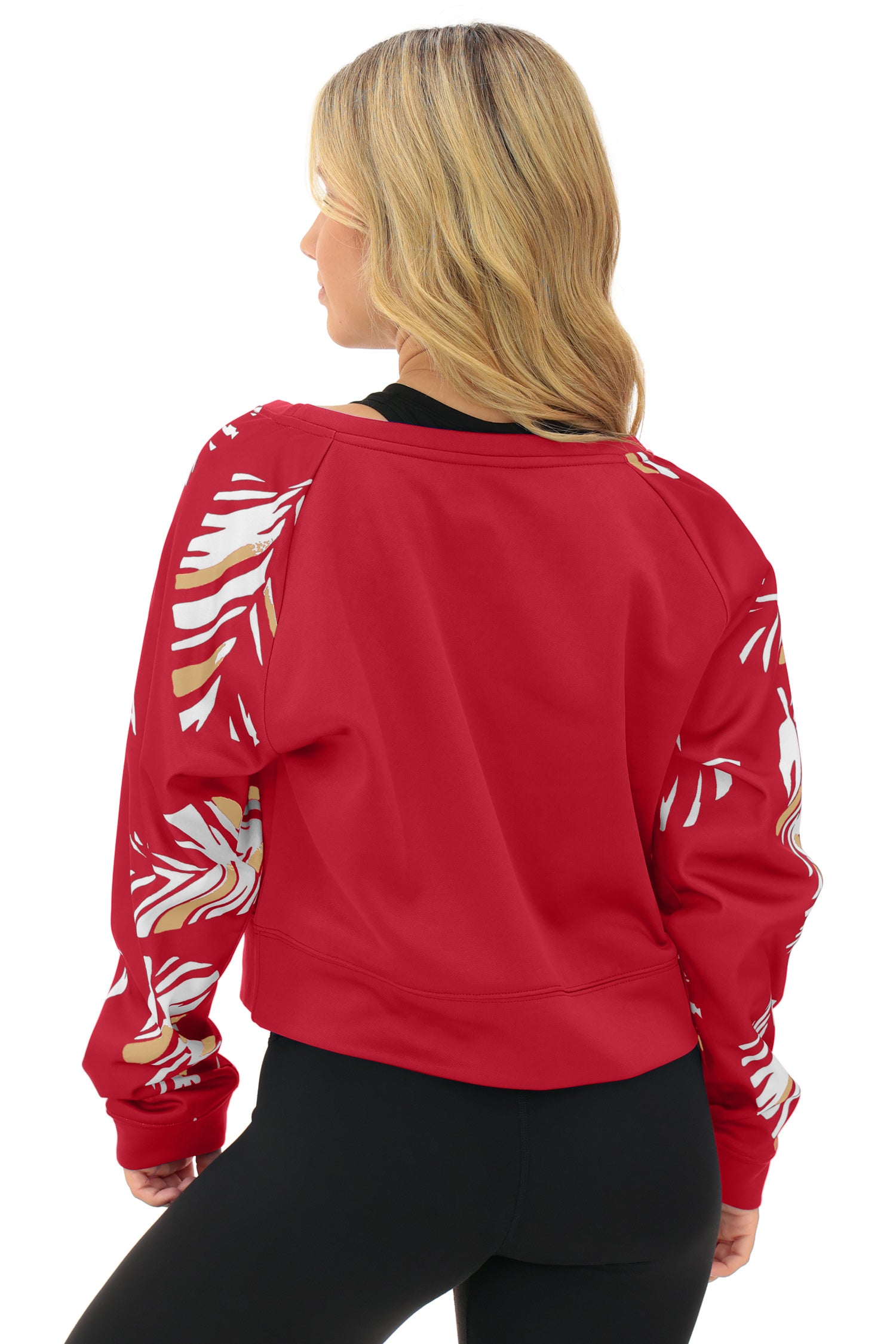 Zubaz NFL   Women's Script 3 Color Leaf Boatneck Raglan Crew, SAN FRANCISCO 49ERS