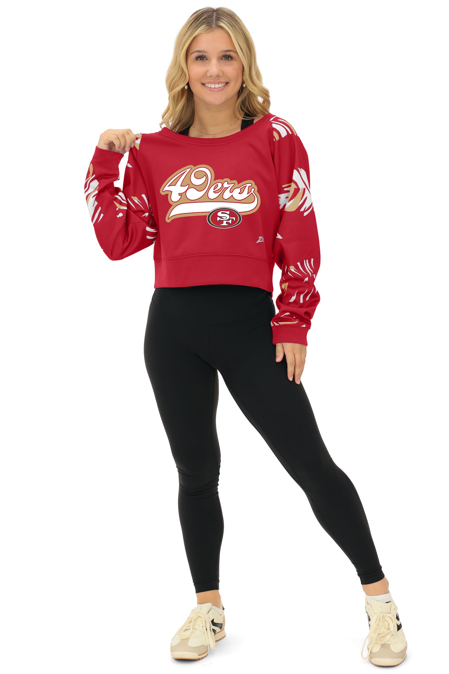 Zubaz NFL   Women's Script 3 Color Leaf Boatneck Raglan Crew, SAN FRANCISCO 49ERS