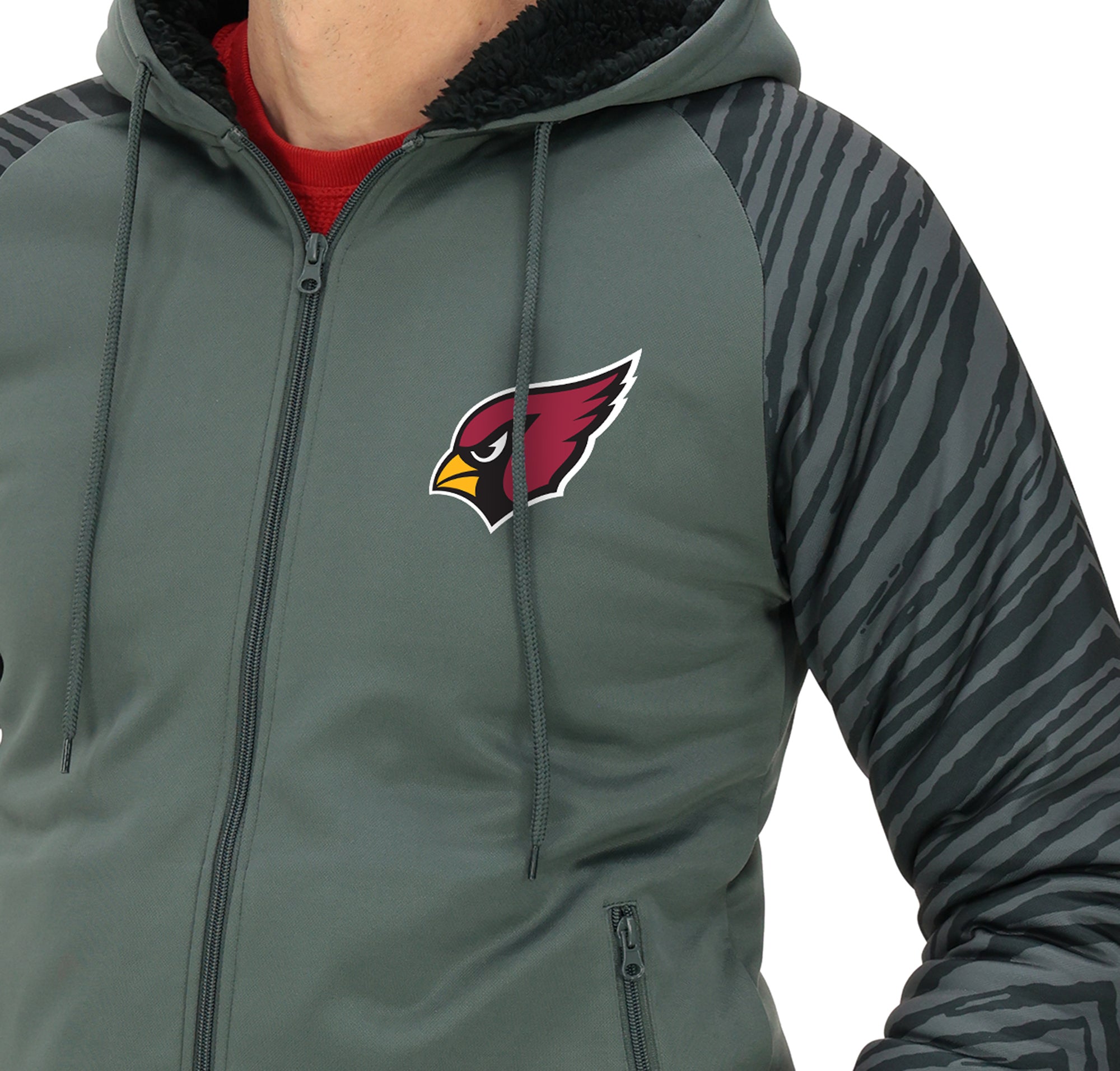 Zubaz NFL   Men's Charcoal Tonal Zebra Sherpa Lined Raglan Full Zip Hoodie, ARIZONA CARDINALS