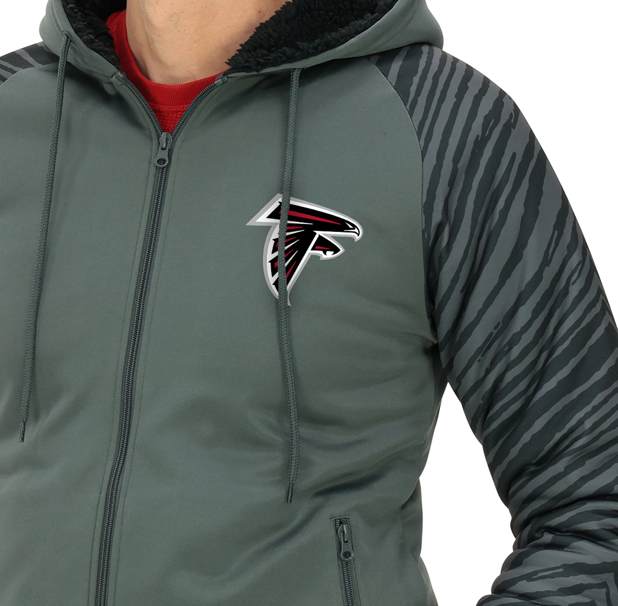 Zubaz NFL   Men's Charcoal Tonal Zebra Sherpa Lined Raglan Full Zip Hoodie, ATLANTA FALCONS