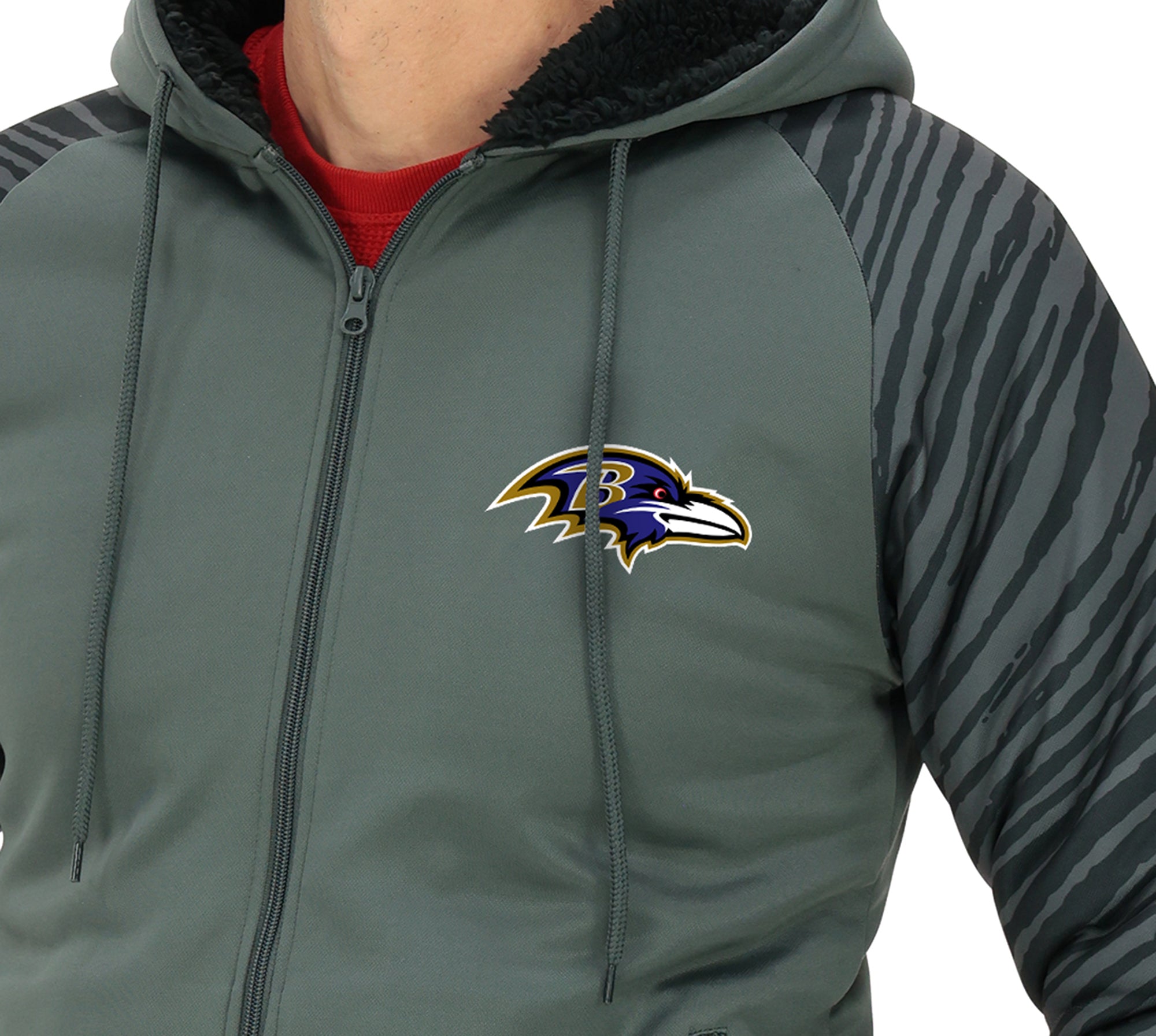 Zubaz NFL   Men's Charcoal Tonal Zebra Sherpa Lined Raglan Full Zip Hoodie, BALTIMORE RAVENS