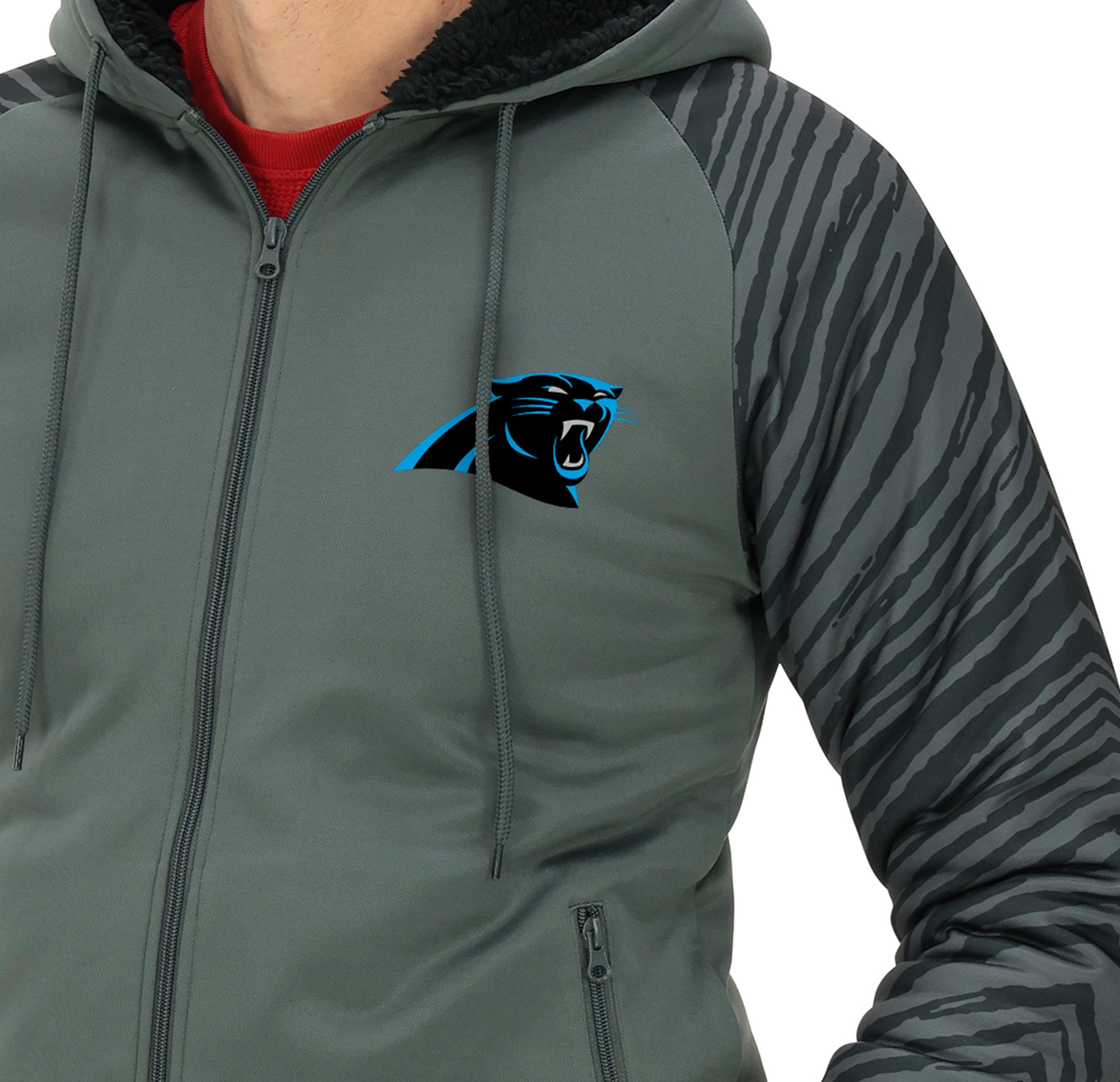 Zubaz NFL   Men's Charcoal Tonal Zebra Sherpa Lined Raglan Full Zip Hoodie, CAROLINA PANTHERS