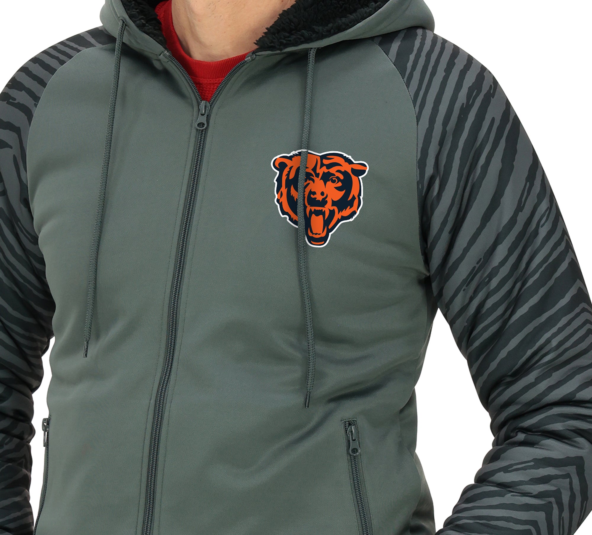 Zubaz NFL   Men's Charcoal Tonal Zebra Sherpa Lined Raglan Full Zip Hoodie, CHICAGO BEARS