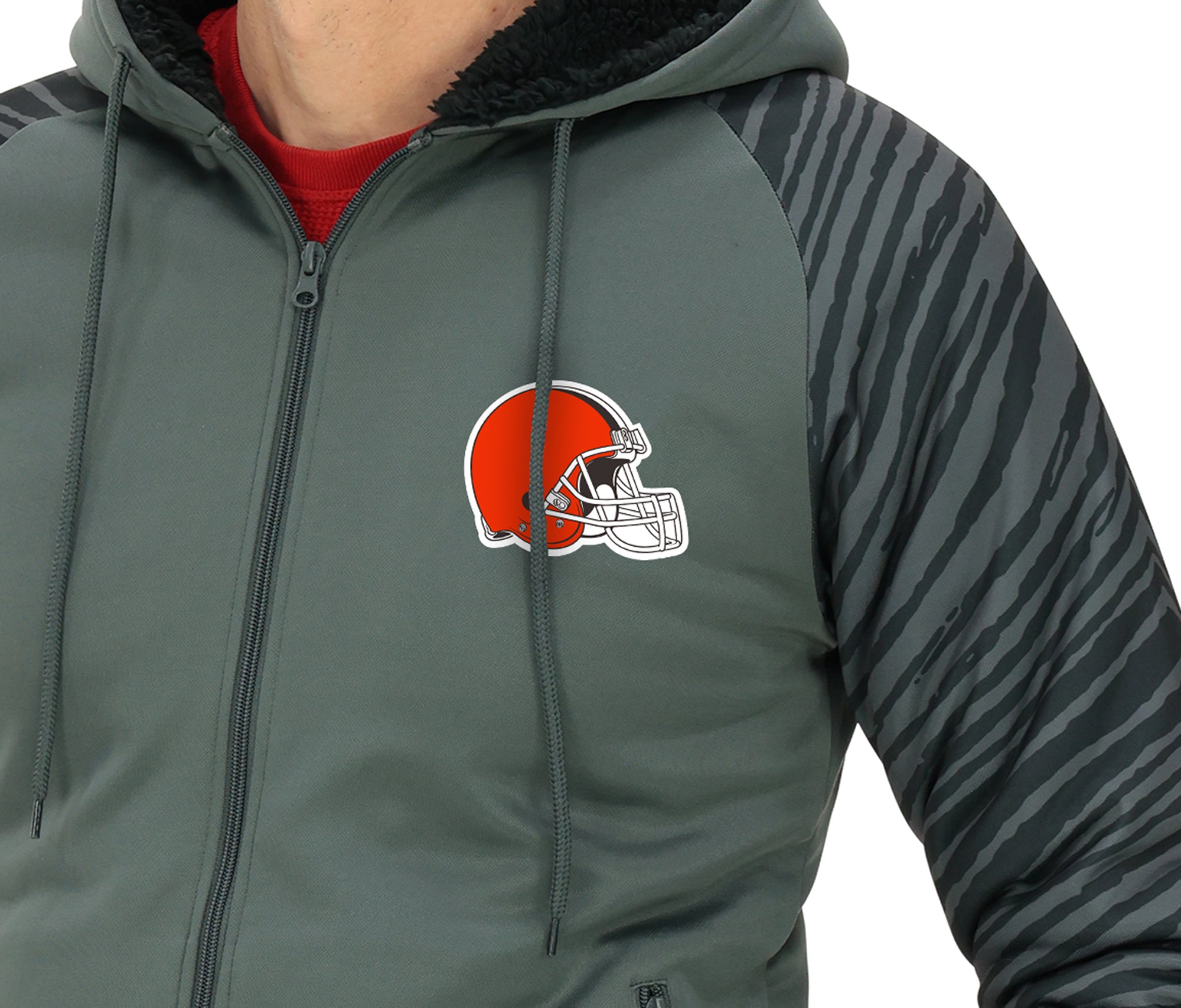 Zubaz NFL   Men's Charcoal Tonal Zebra Sherpa Lined Raglan Full Zip Hoodie, CLEVELAND BROWNS