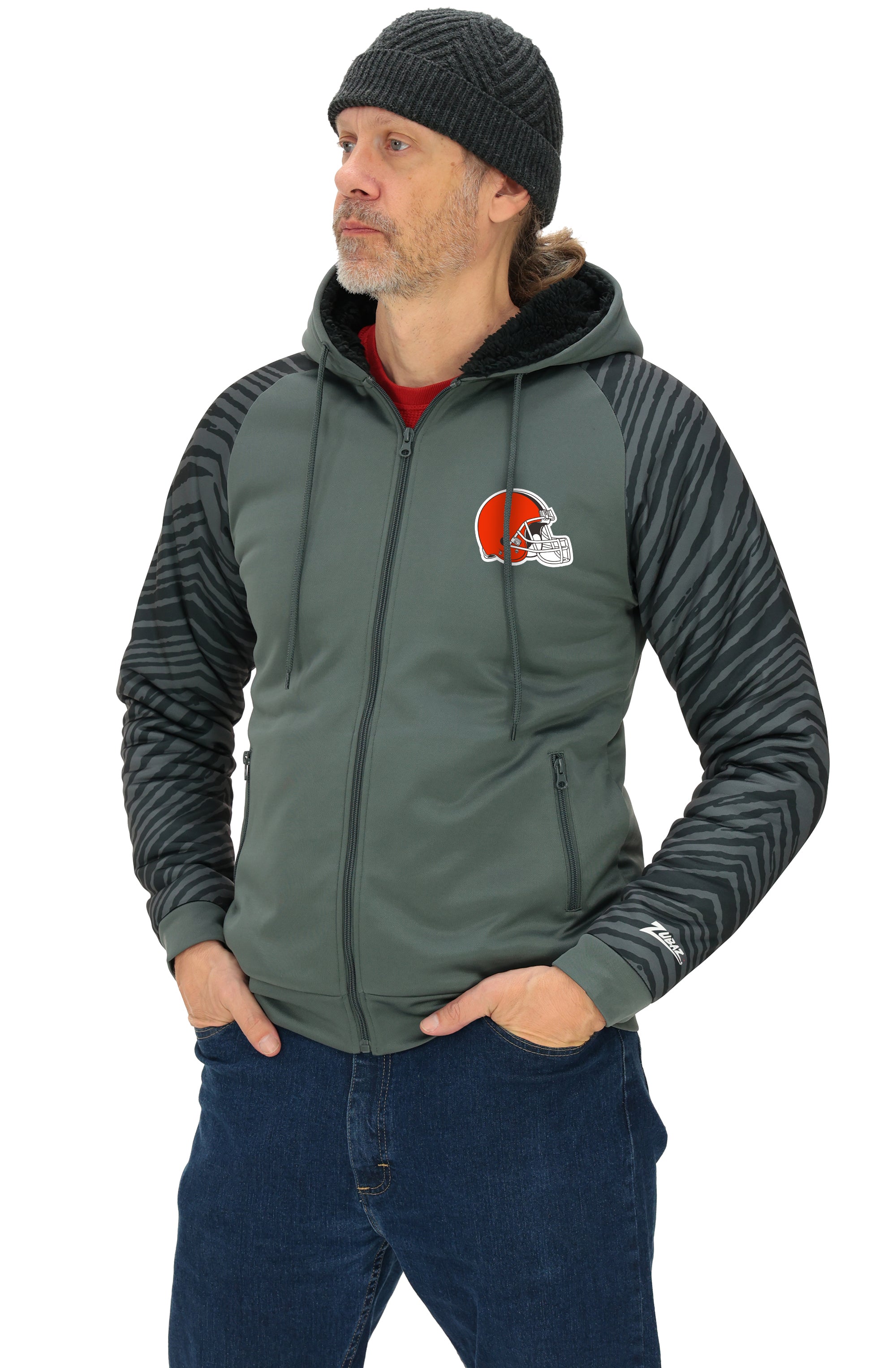 Zubaz NFL   Men's Charcoal Tonal Zebra Sherpa Lined Raglan Full Zip Hoodie, CLEVELAND BROWNS