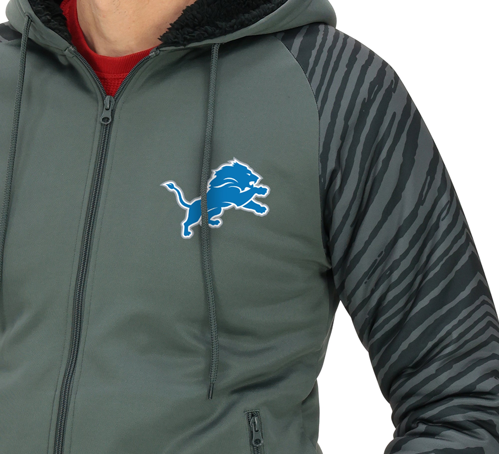 Zubaz NFL   Men's Charcoal Tonal Zebra Sherpa Lined Raglan Full Zip Hoodie, DETROIT LIONS