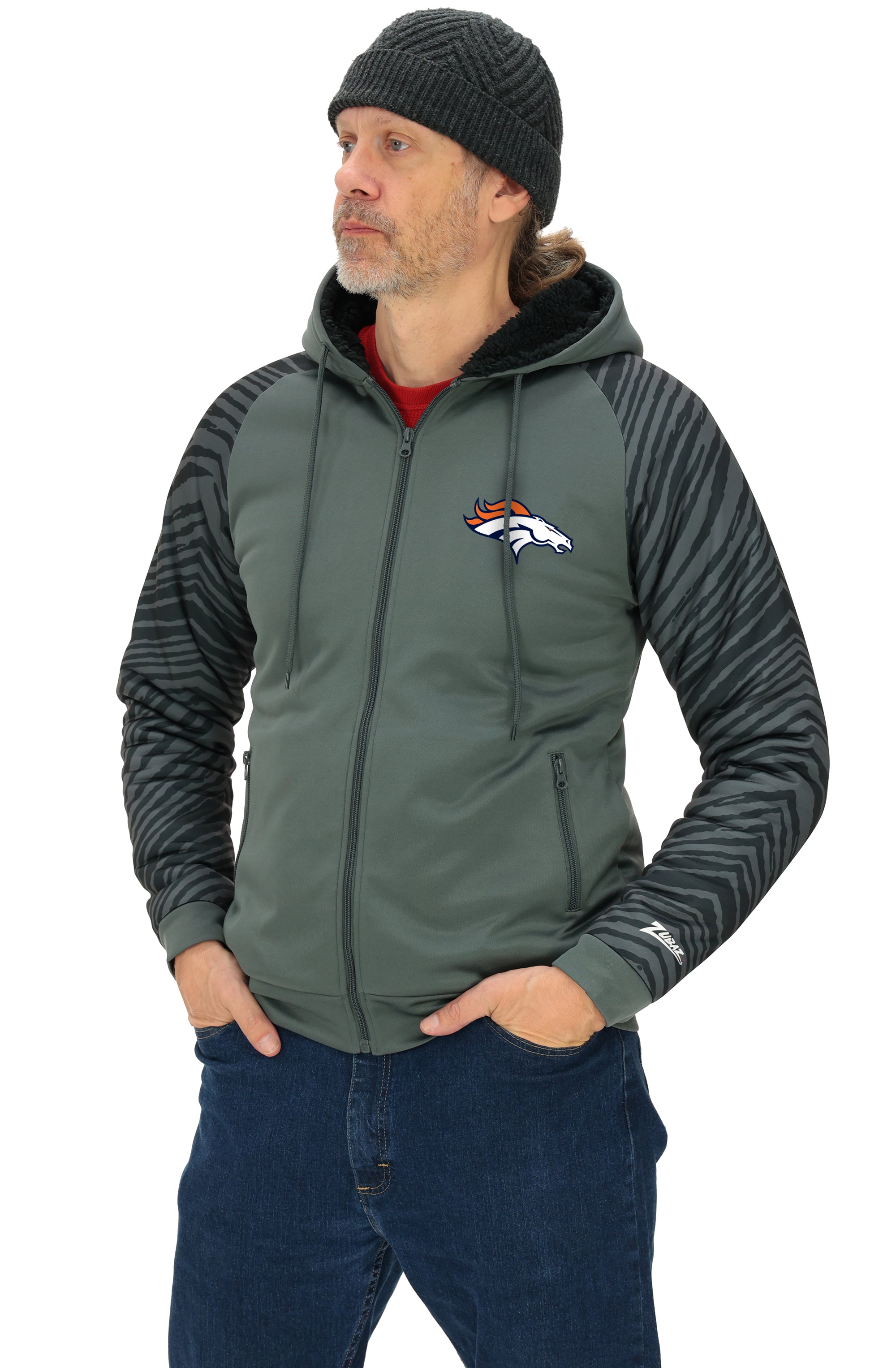 Zubaz NFL   Men's Charcoal Tonal Zebra Sherpa Lined Raglan Full Zip Hoodie, DENVER BRONCOS