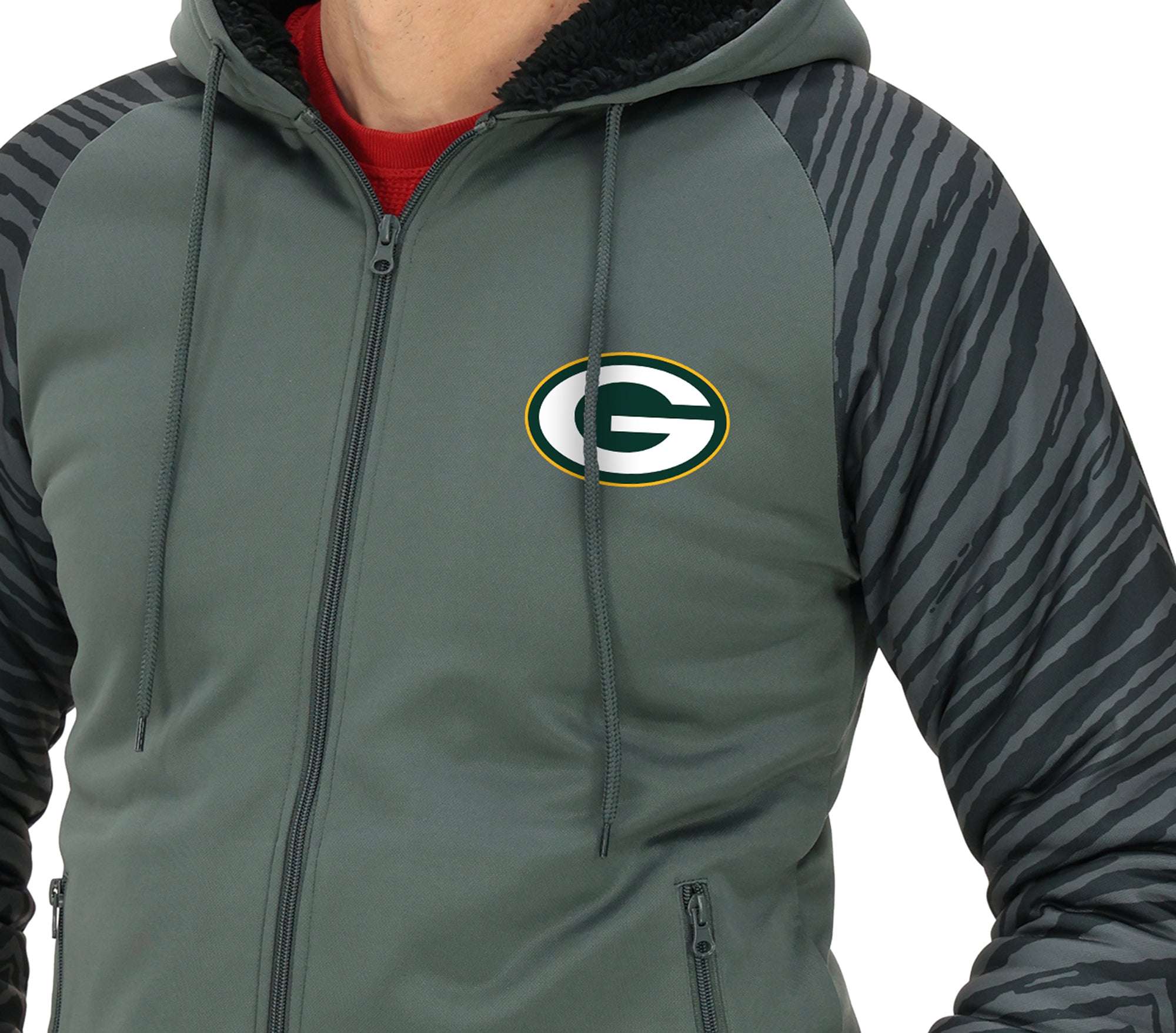 Zubaz NFL   Men's Charcoal Tonal Zebra Sherpa Lined Raglan Full Zip Hoodie, GREEN BAY PACKERS
