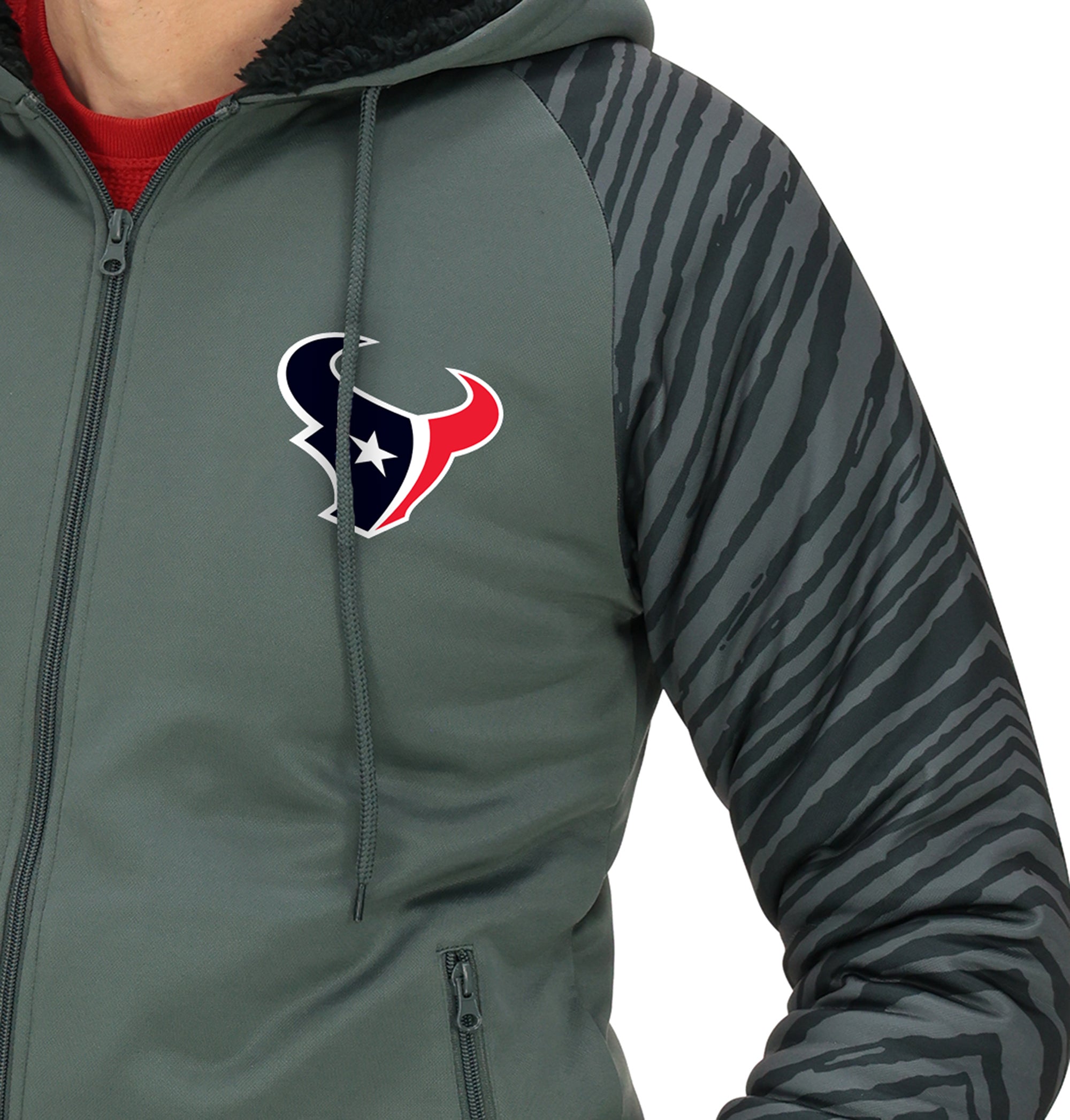 Zubaz NFL   Men's Charcoal Tonal Zebra Sherpa Lined Raglan Full Zip Hoodie, HOUSTON TEXANS