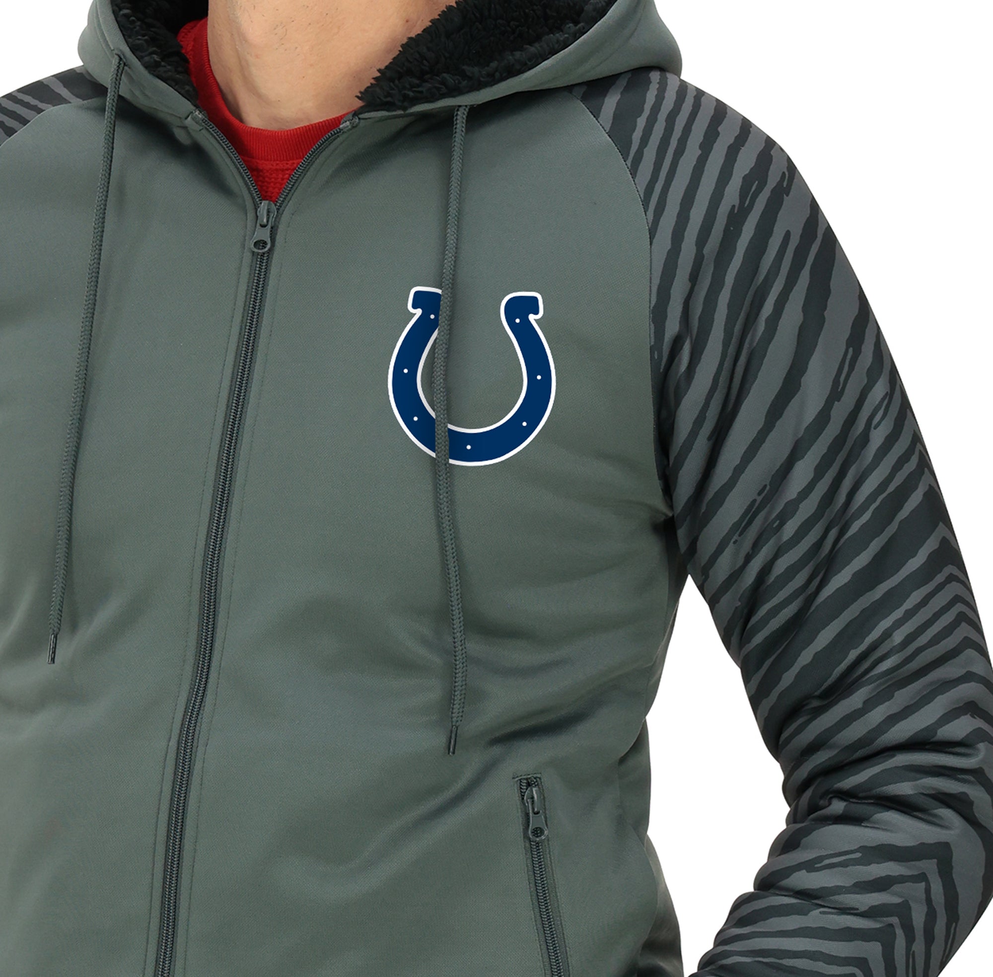 Zubaz NFL   Men's Charcoal Tonal Zebra Sherpa Lined Raglan Full Zip Hoodie, INDIANAPOLIS COLTS