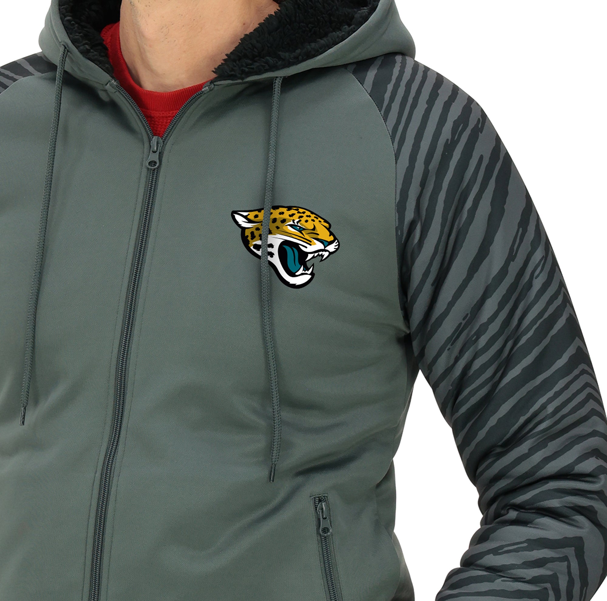 Zubaz NFL   Men's Charcoal Tonal Zebra Sherpa Lined Raglan Full Zip Hoodie, JACKSONVILLE JAGUARS