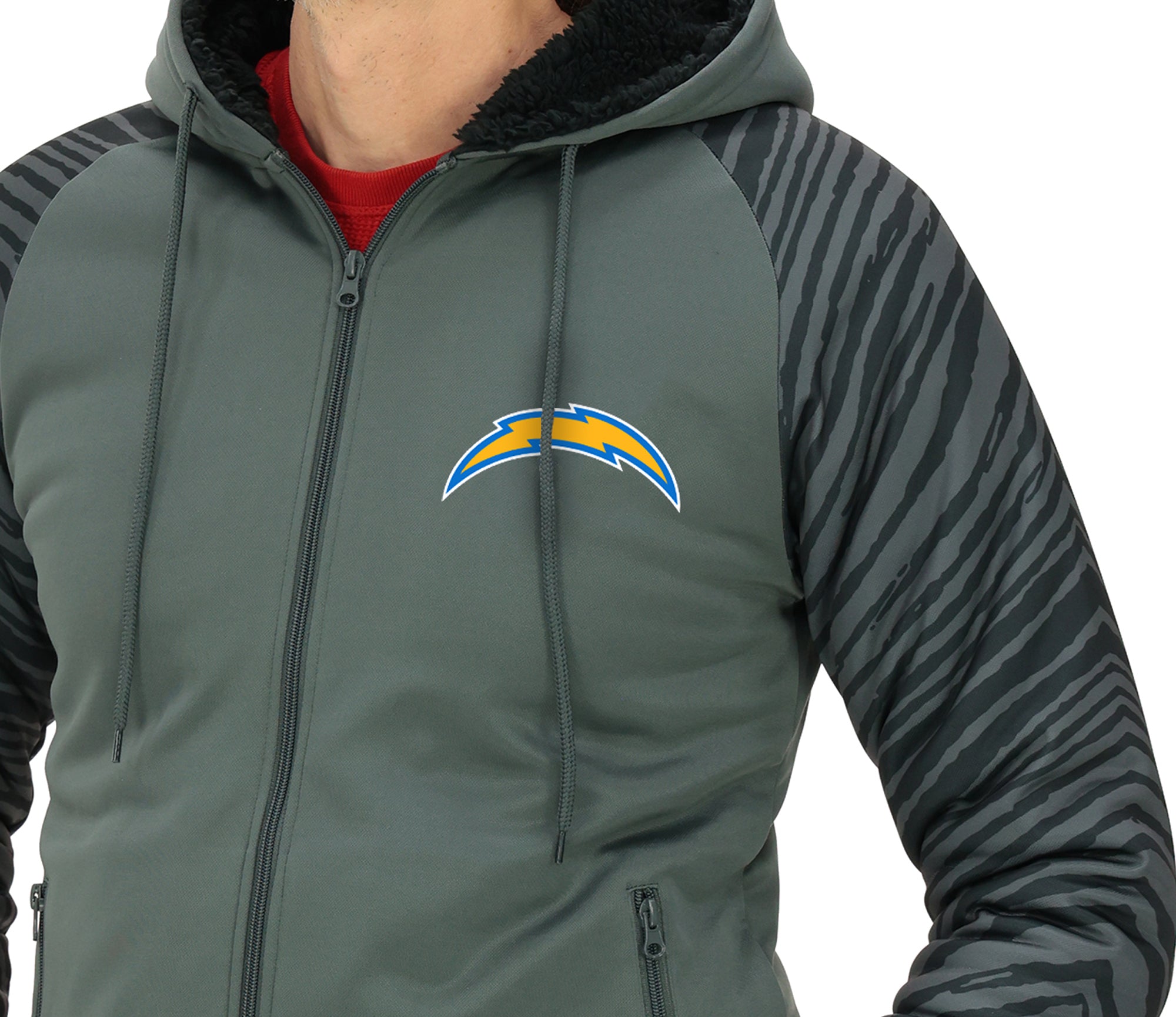 Zubaz NFL   Men's Charcoal Tonal Zebra Sherpa Lined Raglan Full Zip Hoodie, LOS ANGELES CHARGERS