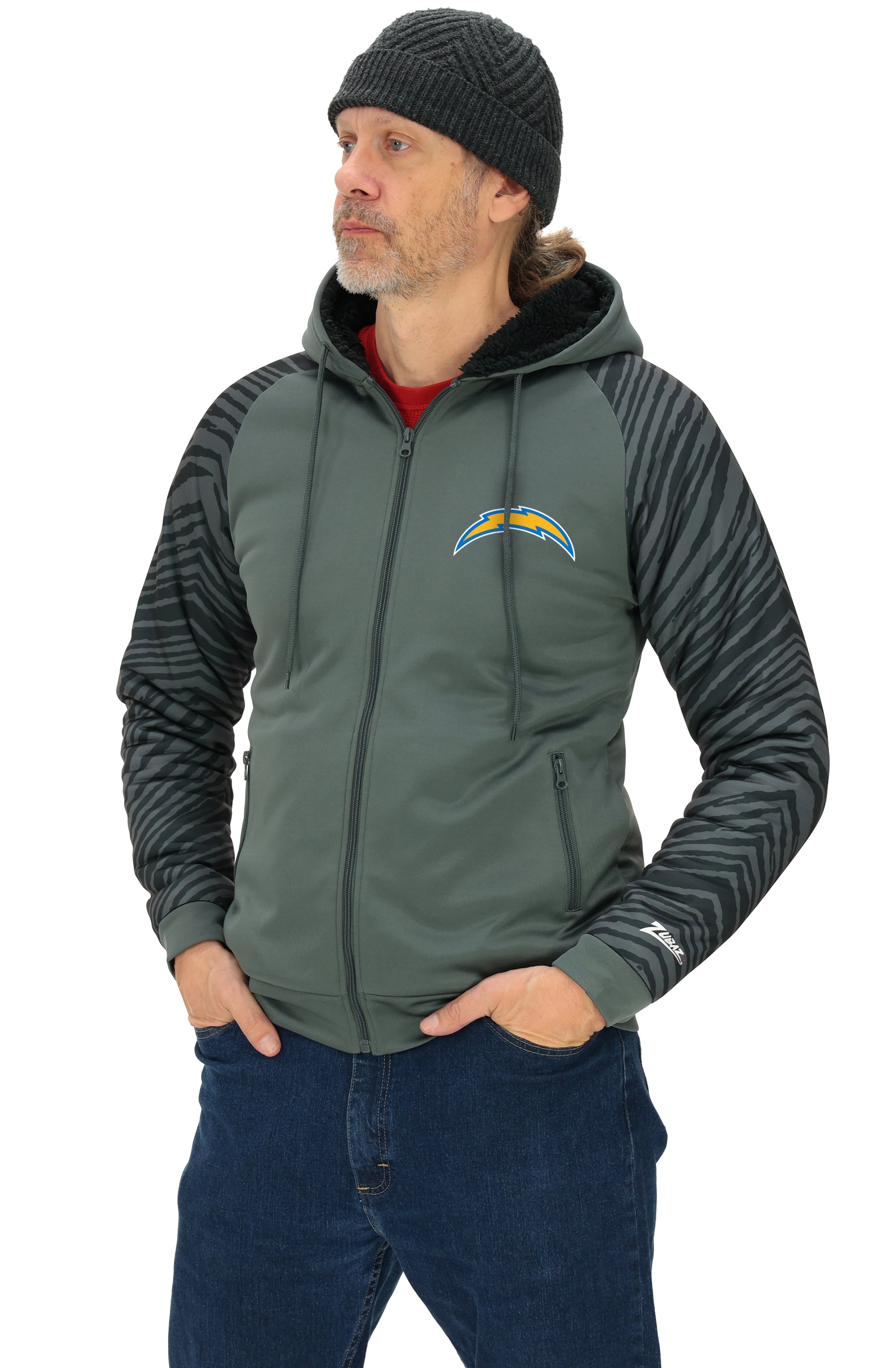 Zubaz NFL   Men's Charcoal Tonal Zebra Sherpa Lined Raglan Full Zip Hoodie, LOS ANGELES CHARGERS