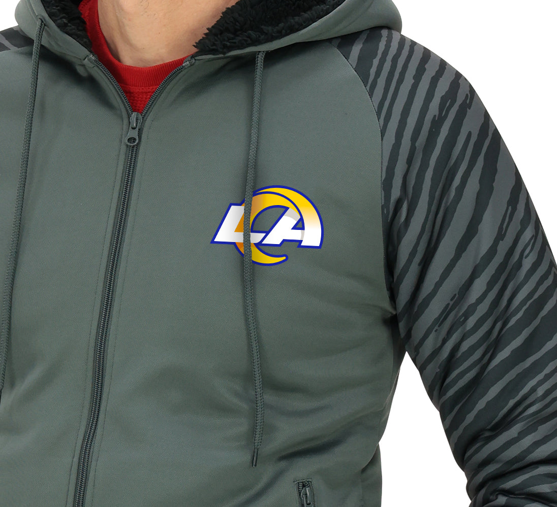 Zubaz NFL   Men's Charcoal Tonal Zebra Sherpa Lined Raglan Full Zip Hoodie, LOS ANGELES RAMS