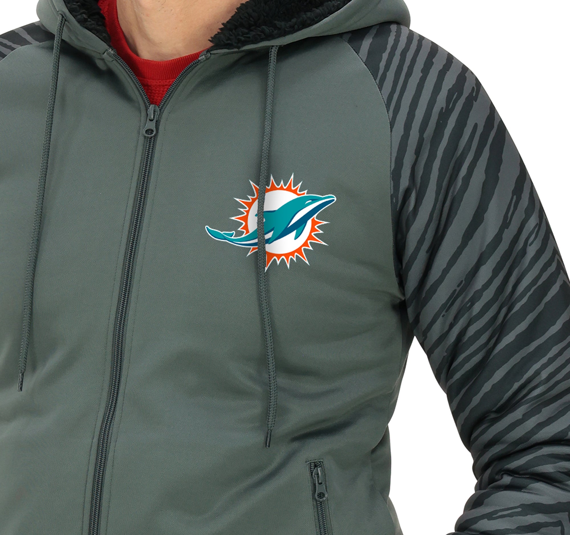 Zubaz NFL   Men's Charcoal Tonal Zebra Sherpa Lined Raglan Full Zip Hoodie, MIAMI DOLPHINS