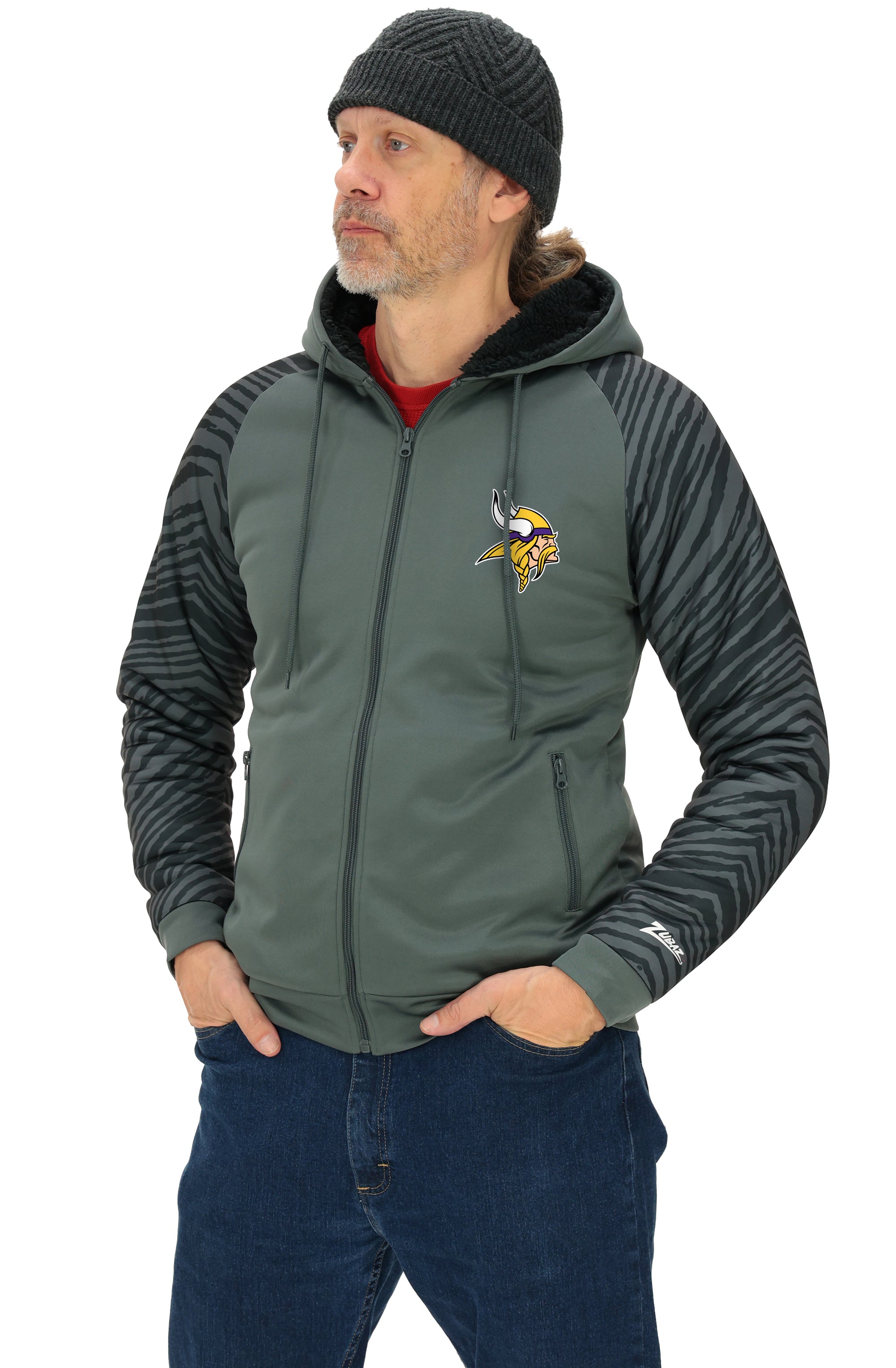 Zubaz NFL   Men's Charcoal Tonal Zebra Sherpa Lined Raglan Full Zip Hoodie, MINNESOTA VIKINGS
