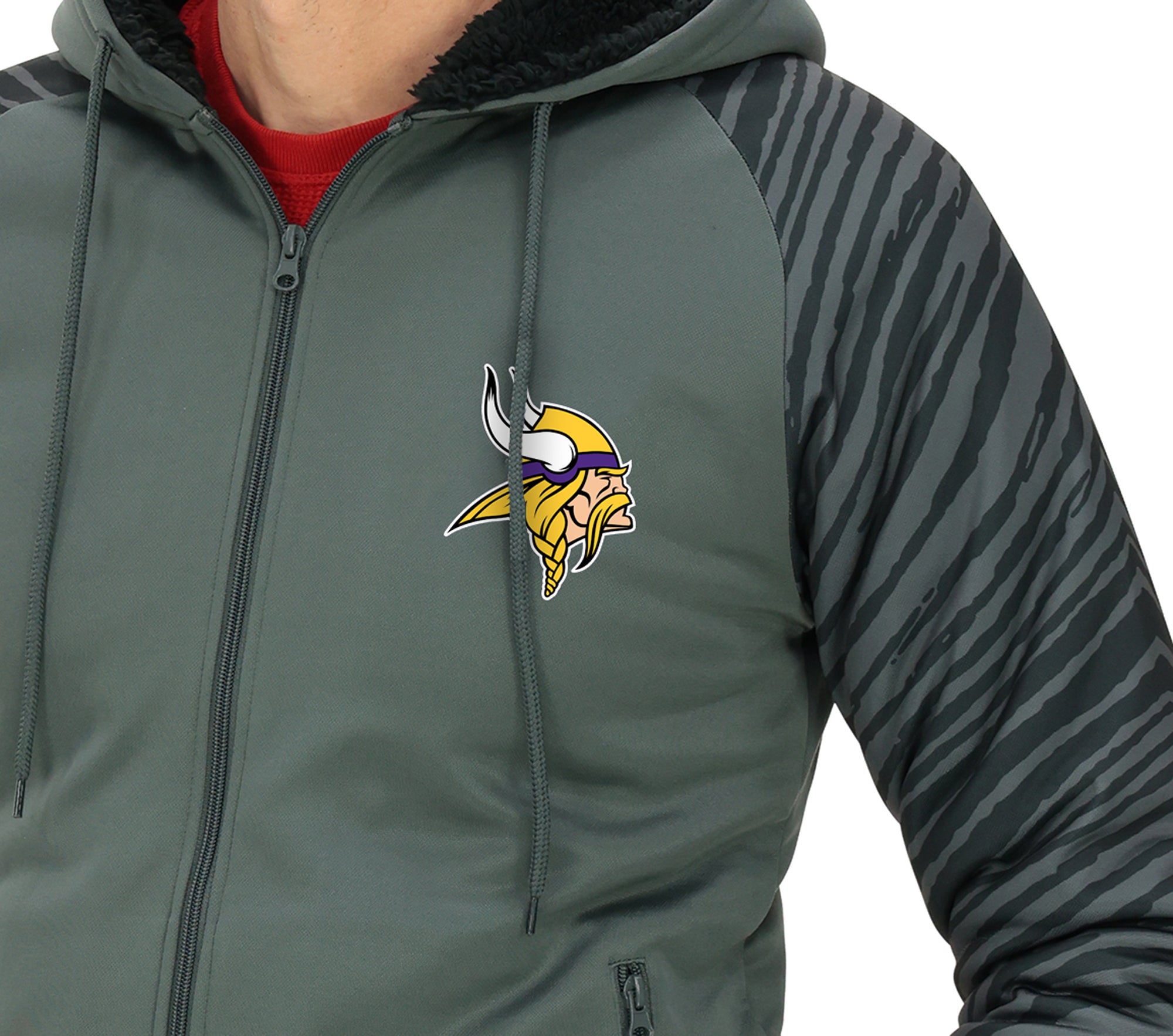 Zubaz NFL   Men's Charcoal Tonal Zebra Sherpa Lined Raglan Full Zip Hoodie, MINNESOTA VIKINGS