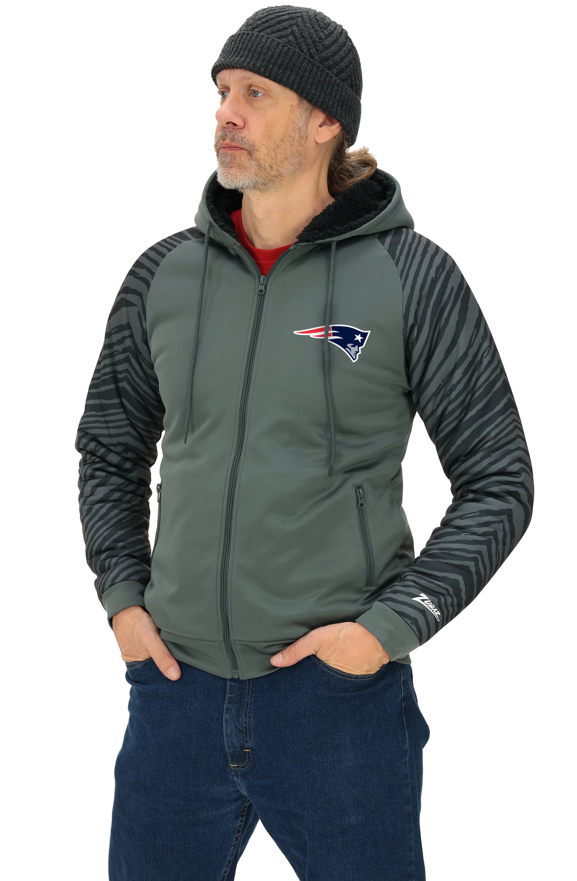 Zubaz NFL   Men's Charcoal Tonal Zebra Sherpa Lined Raglan Full Zip Hoodie, NEW ENGLAND PATRIOTS