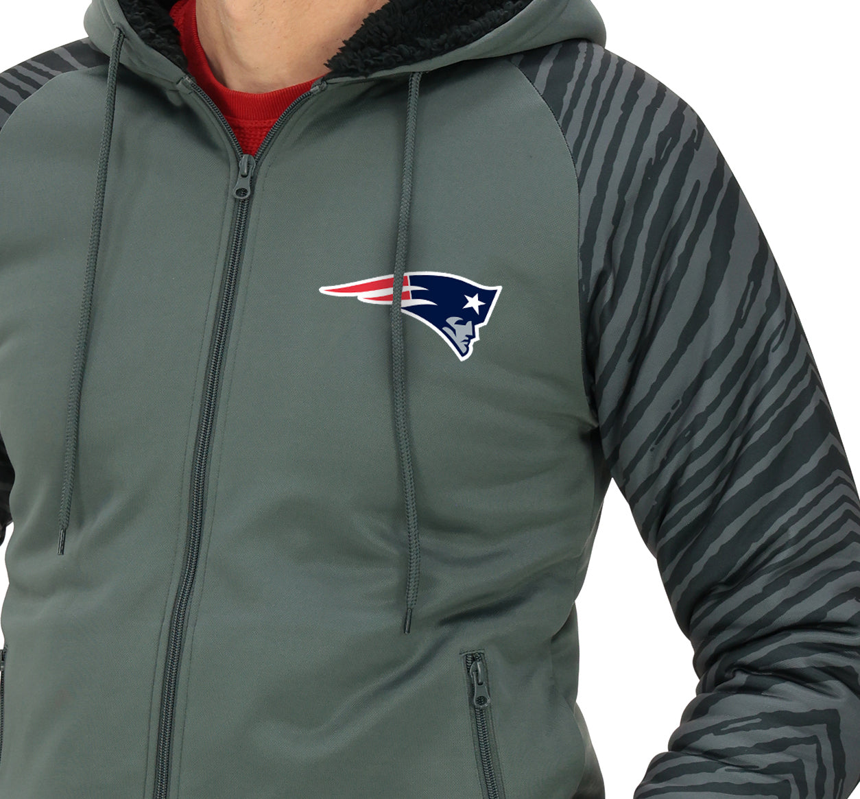 Zubaz NFL   Men's Charcoal Tonal Zebra Sherpa Lined Raglan Full Zip Hoodie, NEW ENGLAND PATRIOTS