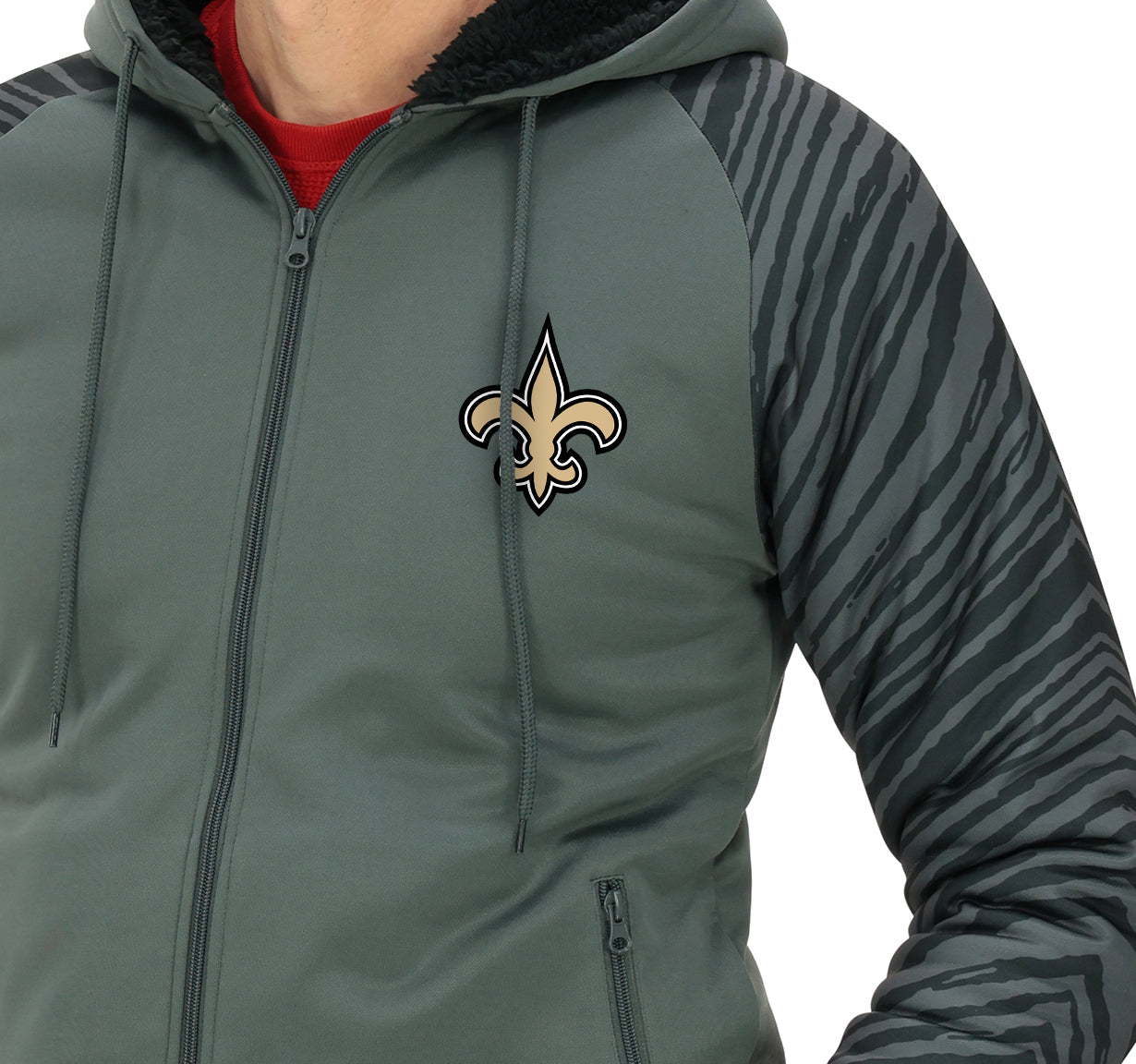 Zubaz NFL   Men's Charcoal Tonal Zebra Sherpa Lined Raglan Full Zip Hoodie, NEW ORLEANS SAINTS