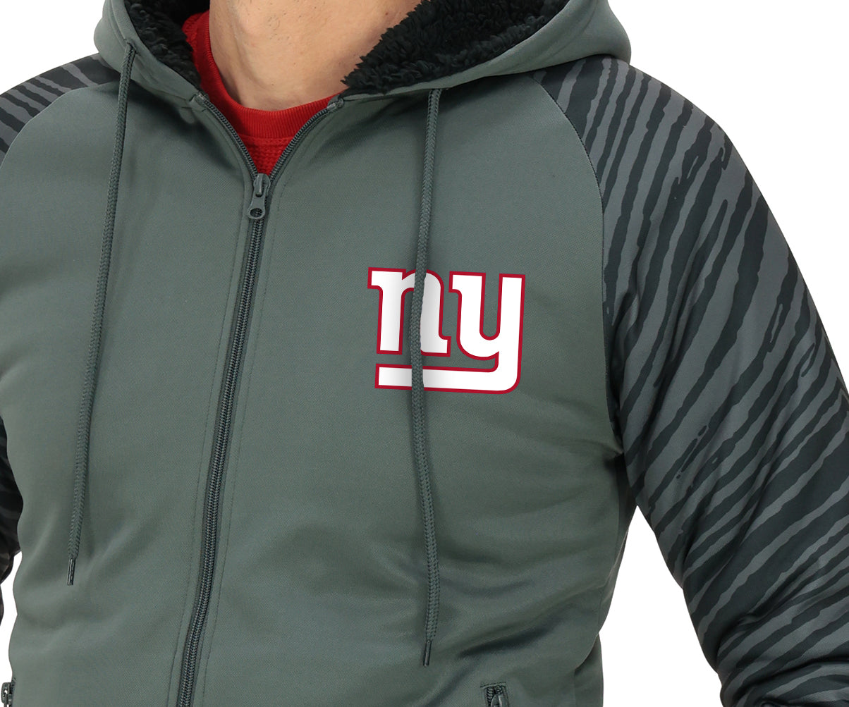 Zubaz NFL   Men's Charcoal Tonal Zebra Sherpa Lined Raglan Full Zip Hoodie, NEW YORK GIANTS