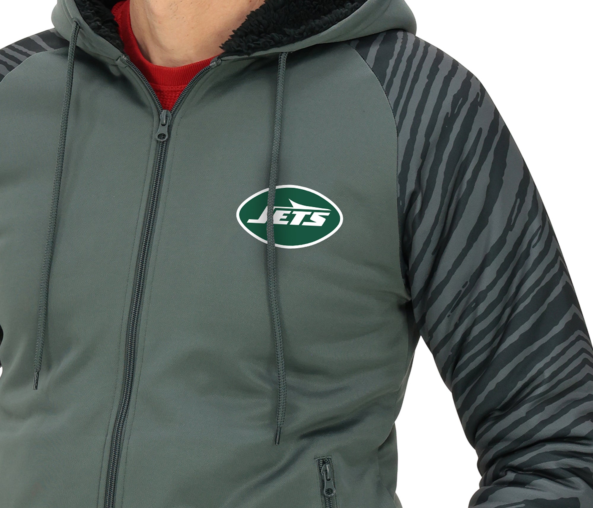 Zubaz NFL   Men's Charcoal Tonal Zebra Sherpa Lined Raglan Full Zip Hoodie, NEW YORK JETS