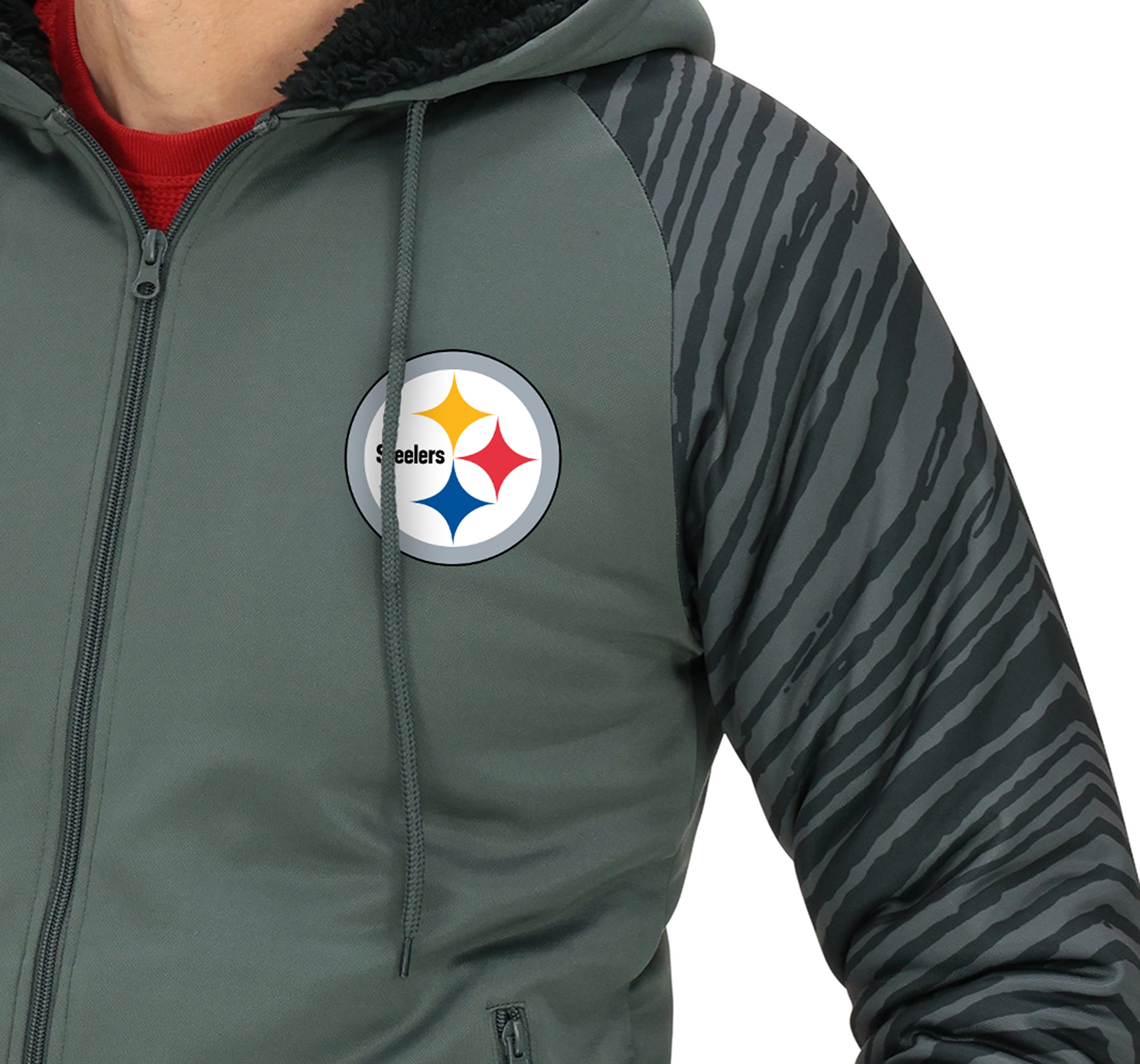 Zubaz NFL   Men's Charcoal Tonal Zebra Sherpa Lined Raglan Full Zip Hoodie, PITTSBURGH STEELERS