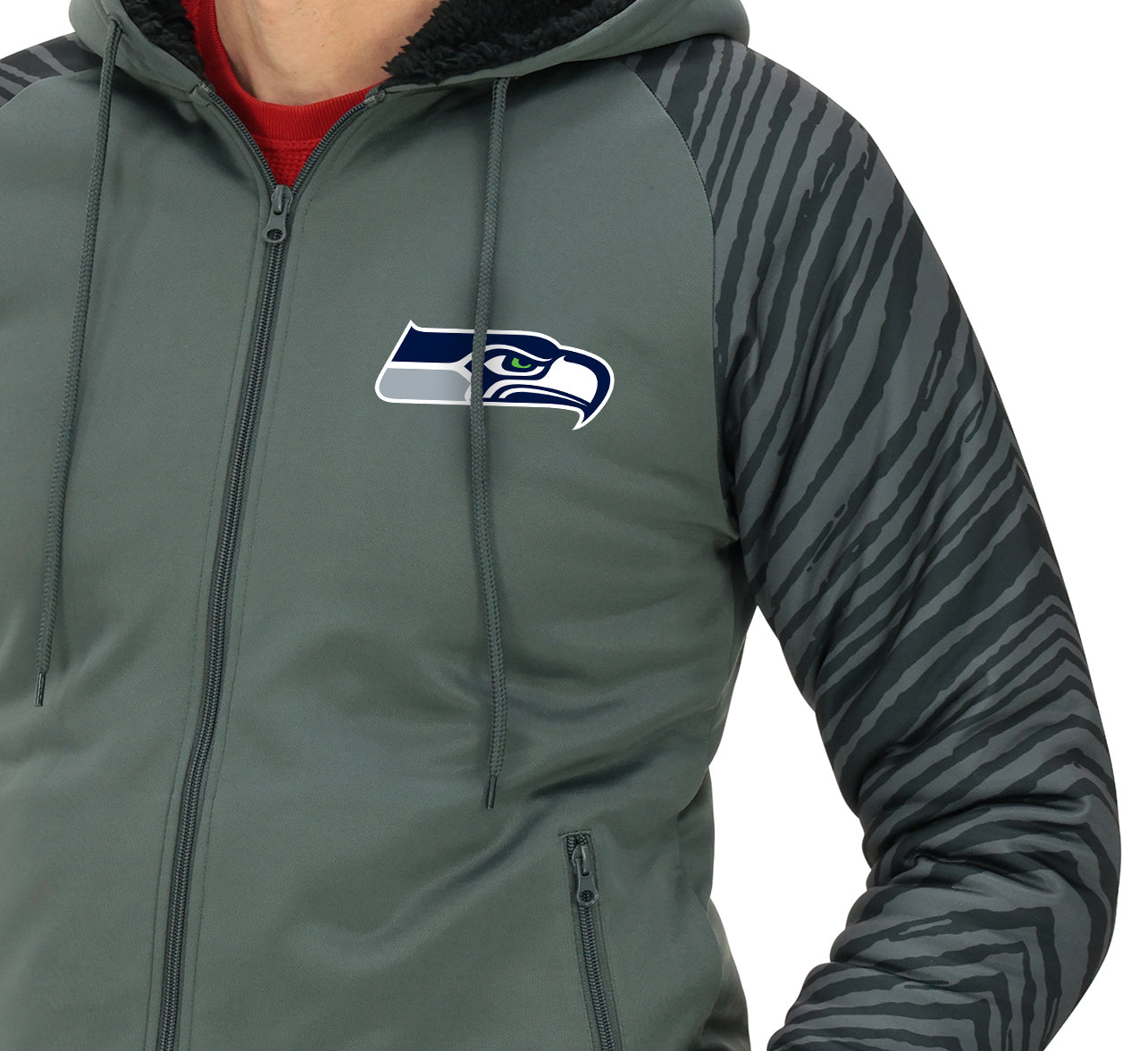 Zubaz NFL   Men's Charcoal Tonal Zebra Sherpa Lined Raglan Full Zip Hoodie, SEATTLE SEAHAWKS
