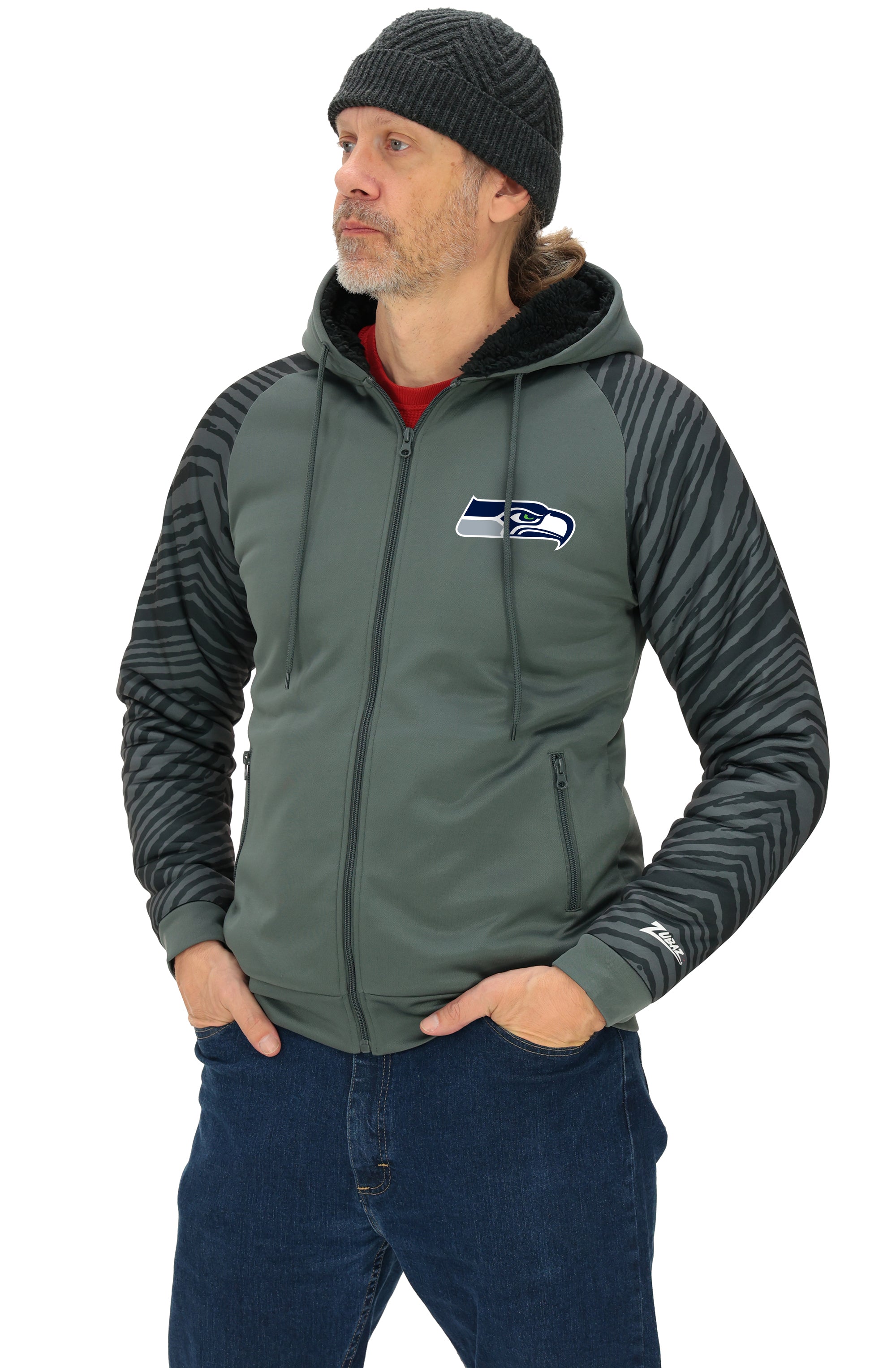 Zubaz NFL   Men's Charcoal Tonal Zebra Sherpa Lined Raglan Full Zip Hoodie, SEATTLE SEAHAWKS