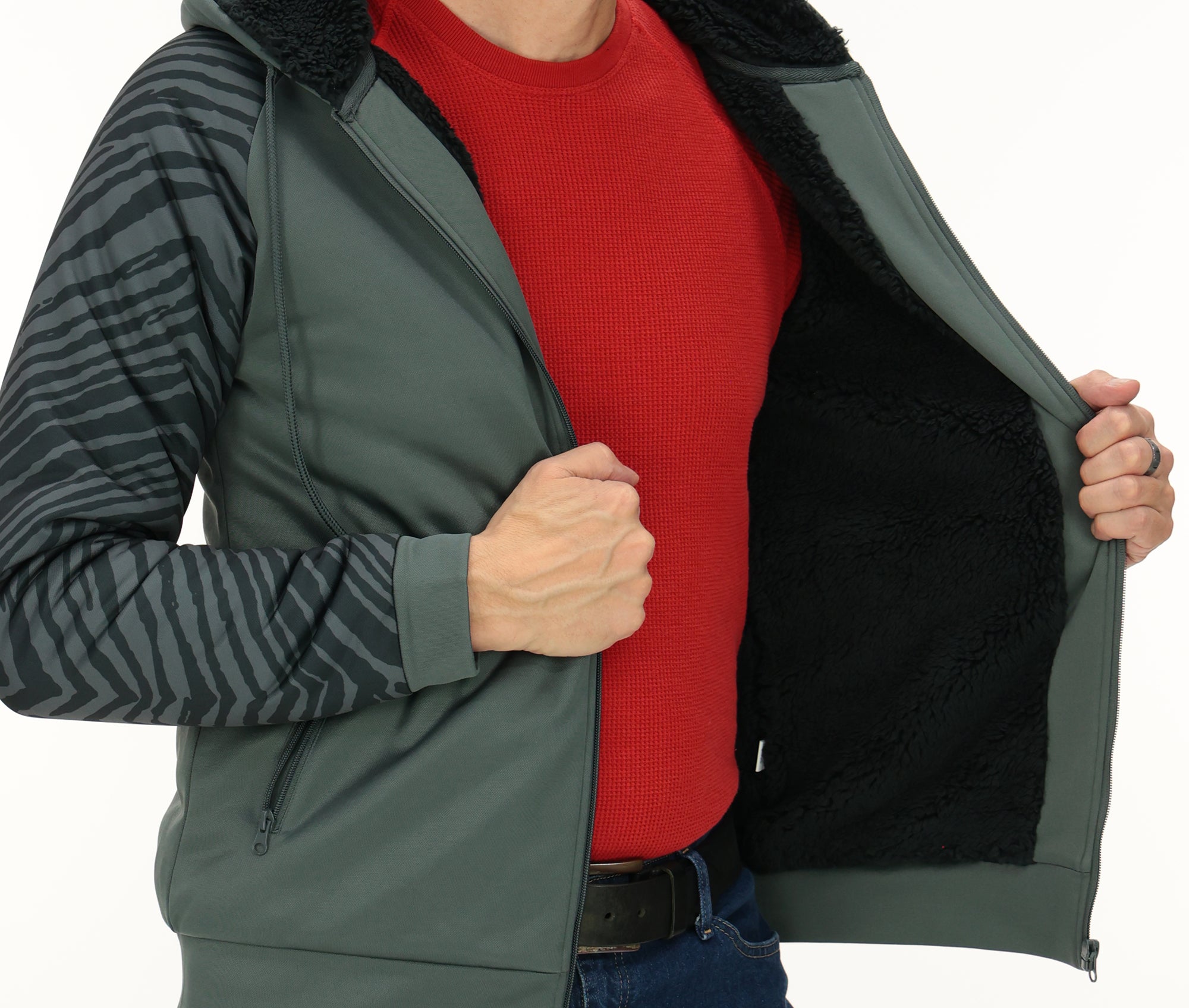 Zubaz NFL   Men's Charcoal Tonal Zebra Sherpa Lined Raglan Full Zip Hoodie, SAN FRANCISCO 49ERS