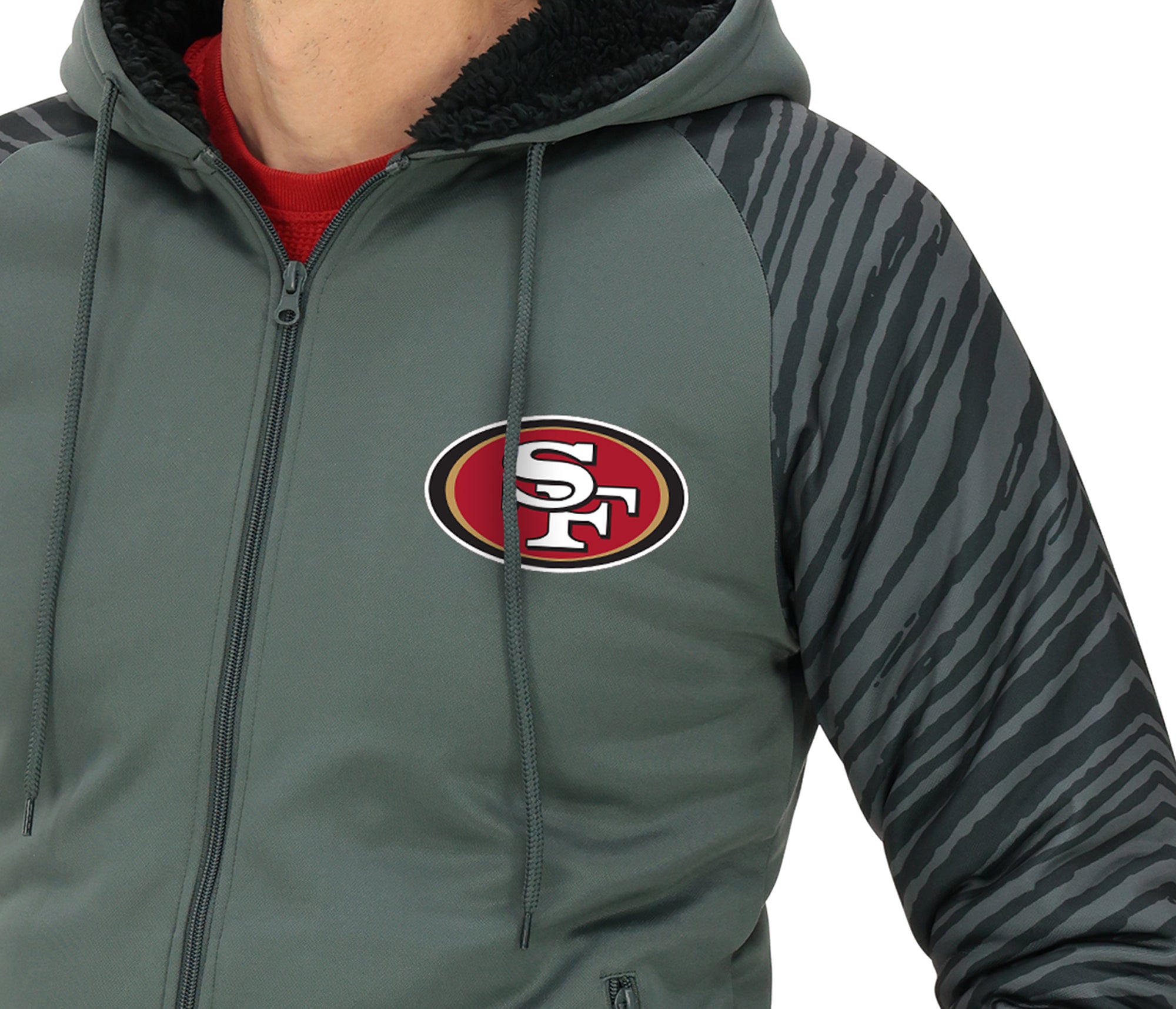 Zubaz NFL   Men's Charcoal Tonal Zebra Sherpa Lined Raglan Full Zip Hoodie, SAN FRANCISCO 49ERS