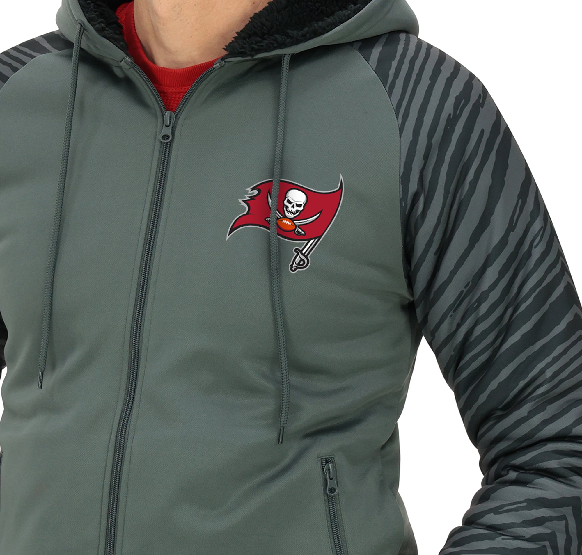 Zubaz NFL Men's Charcoal Tonal Zebra Sherpa Lined Raglan Full Zip Hoodie, TAMPA BAY BUCCANEERS